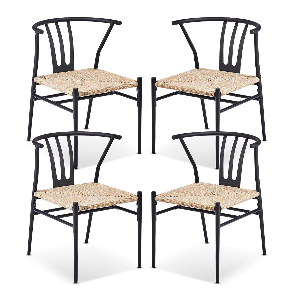HAOYYE 4PCS Weave Dining Chairs Set Mid-Century Modern Metal Frame Rattan Chairs for Kitchen Dining Living Room Black and Wood Color Stylish Comfortable Seating