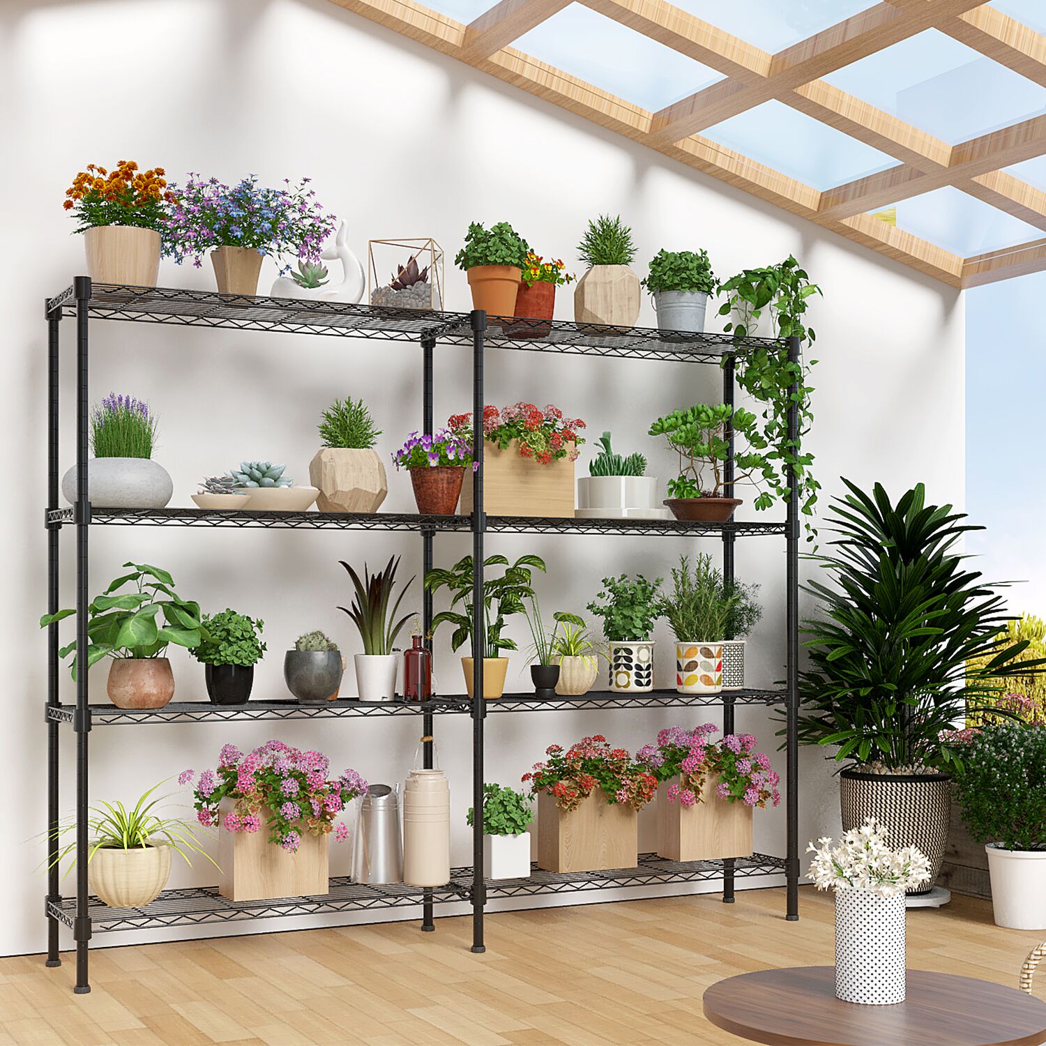 HAOYYE 4-Tier Double Row Iron Display Rack with Freely Adjustable Shelf Height and Adjustable Feet, Powder-Coated Black Metal Storage Organizer Shelf for Living Room Kitchen or Retail Display
