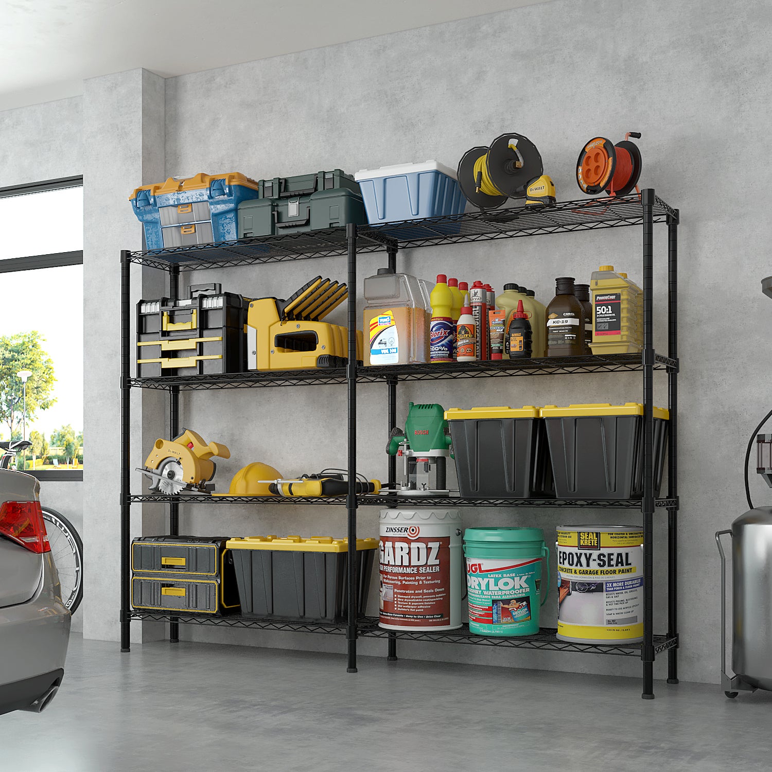 HAOYYE 4-Tier Double Row Iron Display Rack with Freely Adjustable Shelf Height and Adjustable Feet, Powder-Coated Black Metal Storage Organizer Shelf for Living Room Kitchen or Retail Display
