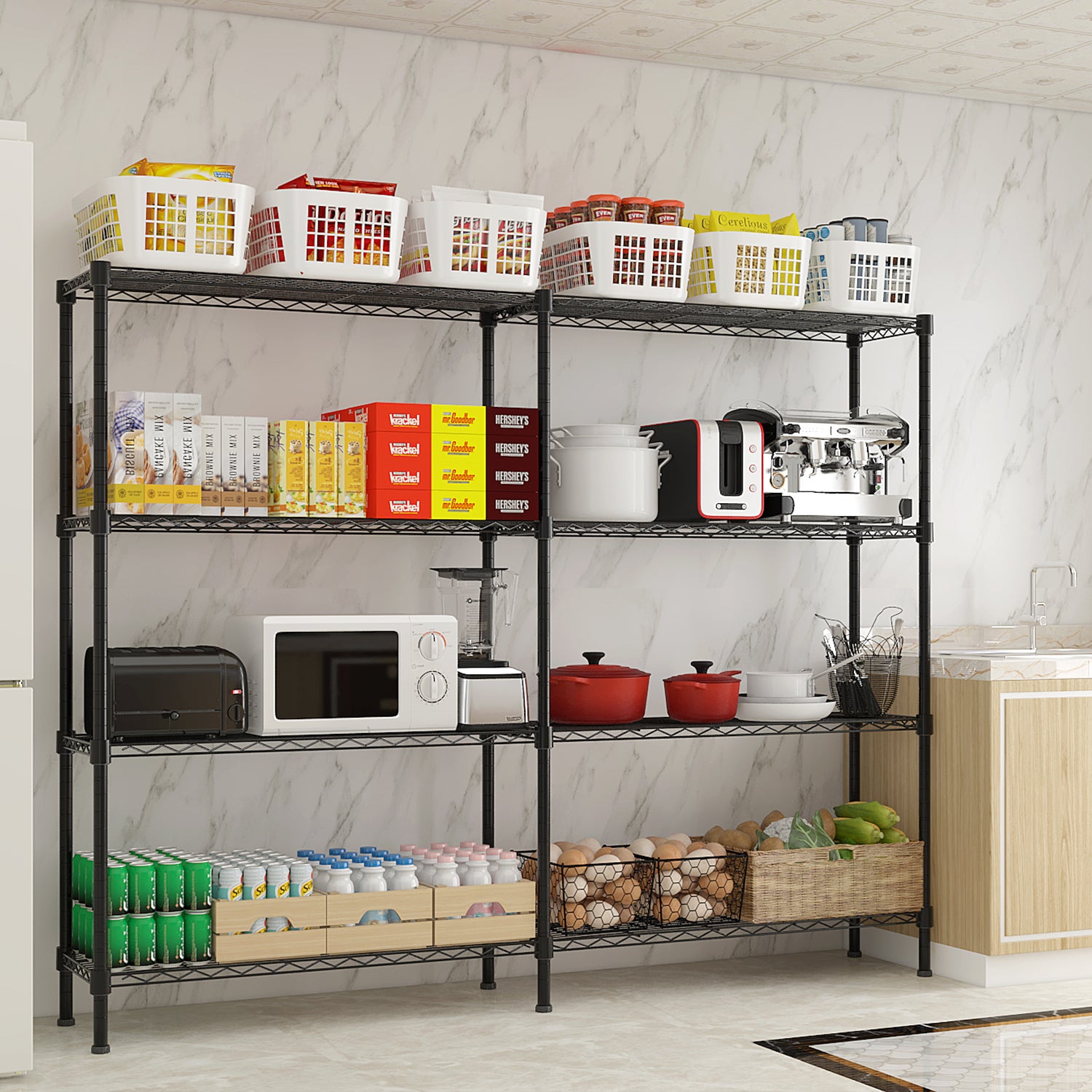 HAOYYE 4-Tier Double Row Iron Display Rack with Freely Adjustable Shelf Height and Adjustable Feet, Powder-Coated Black Metal Storage Organizer Shelf for Living Room Kitchen or Retail Display