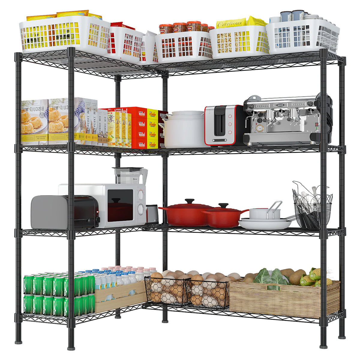 HAOYYE 4-Tier Double Row Iron Display Rack with Freely Adjustable Shelf Height and Adjustable Feet, Powder-Coated Black Metal Storage Organizer Shelf for Living Room Kitchen or Retail Display