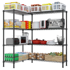 HAOYYE 4-Tier Double Row Iron Display Rack with Freely Adjustable Shelf Height and Adjustable Feet, Powder-Coated Black Metal Storage Organizer Shelf for Living Room Kitchen or Retail Display