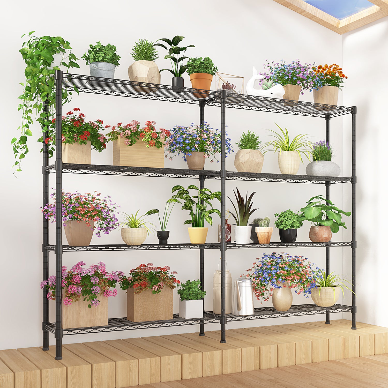 HAOYYE 4-Tier Double Row Iron Display Rack with Freely Adjustable Shelf Height and Adjustable Feet, Powder-Coated Black Metal Storage Organizer Shelf for Living Room Kitchen or Retail Display