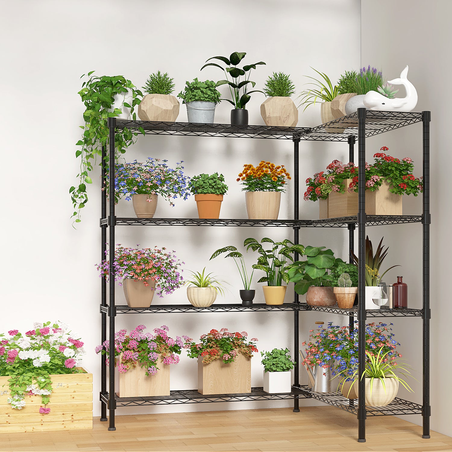 HAOYYE 4-Tier Double Row Iron Display Rack with Freely Adjustable Shelf Height and Adjustable Feet, Powder-Coated Black Metal Storage Organizer Shelf for Living Room Kitchen or Retail Display