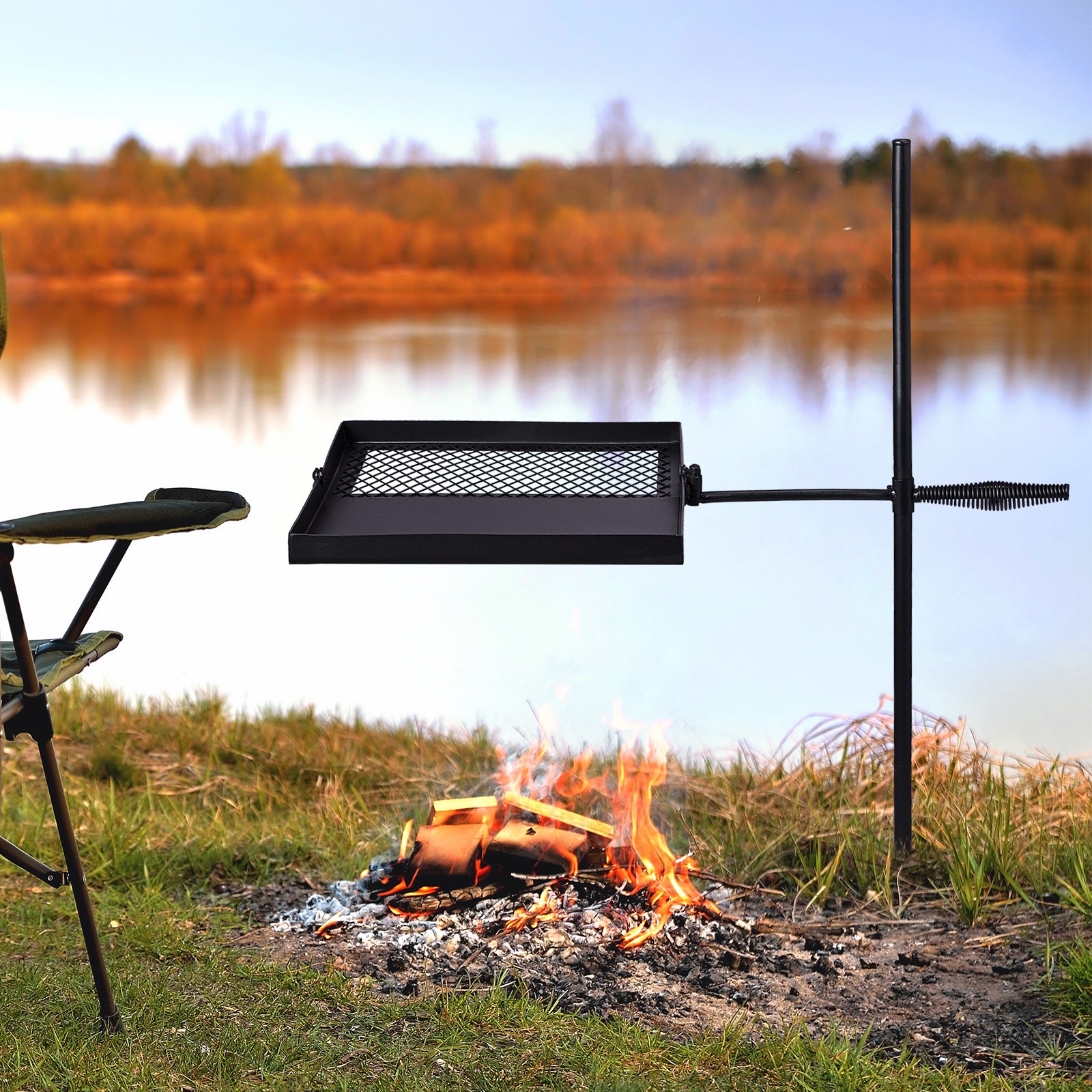 HAOYYE Black Folding Swivel Campfire Grill Portable Cooking Grate Over Fire Pit Lightweight Camp Fire Rack with Carrying Bag for Outdoor Camping BBQ