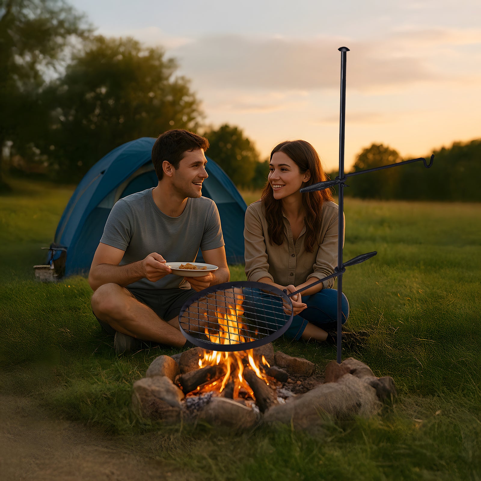 HAOYYE Swivel Campfire Grill with Height Adjustable Grill Grate and Hanger Rod, Portable Open Fire Cooking Equipment with Carry Bag for Camping, Tailgating, Backyard Bonfires, and Outdoor Adventures