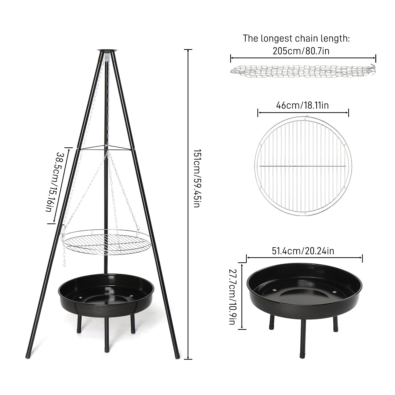 HAOYYE Campfire Tripod Grill with Adjustable Height BBQ Grill Grate and Fire Bowl, Portable Black Outdoor Cooking Equipment for Camping, Backyard BBQ, Tailgating, and Outdoor Adventures