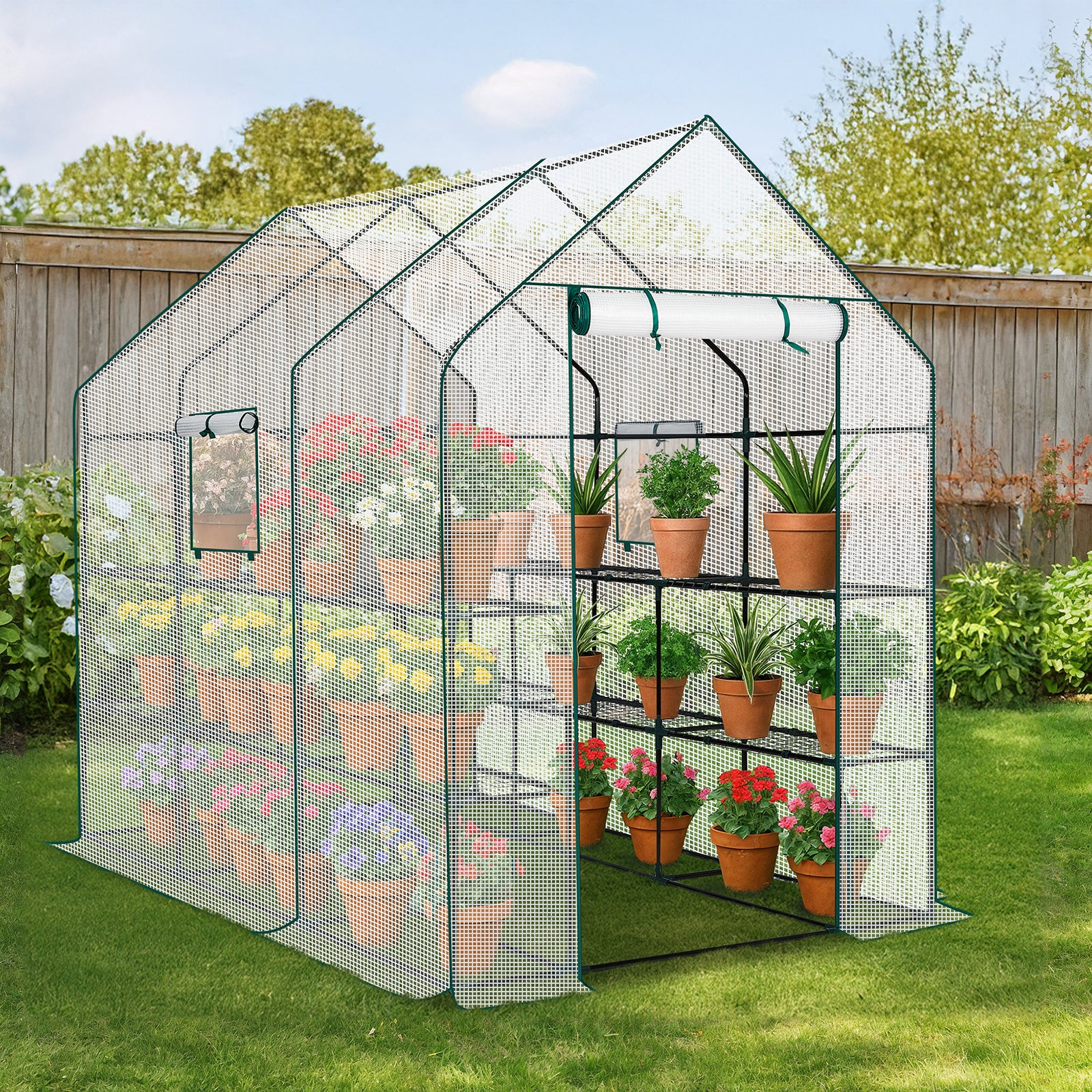 HAOYYE White Large Walk-in Greenhouse with Durable PE Cover and Roll-Up Door 12 Shelves Portable Plant Tent with Side Windows for Indoor Outdoor Gardening Patio Balcony Garden Backyard Use