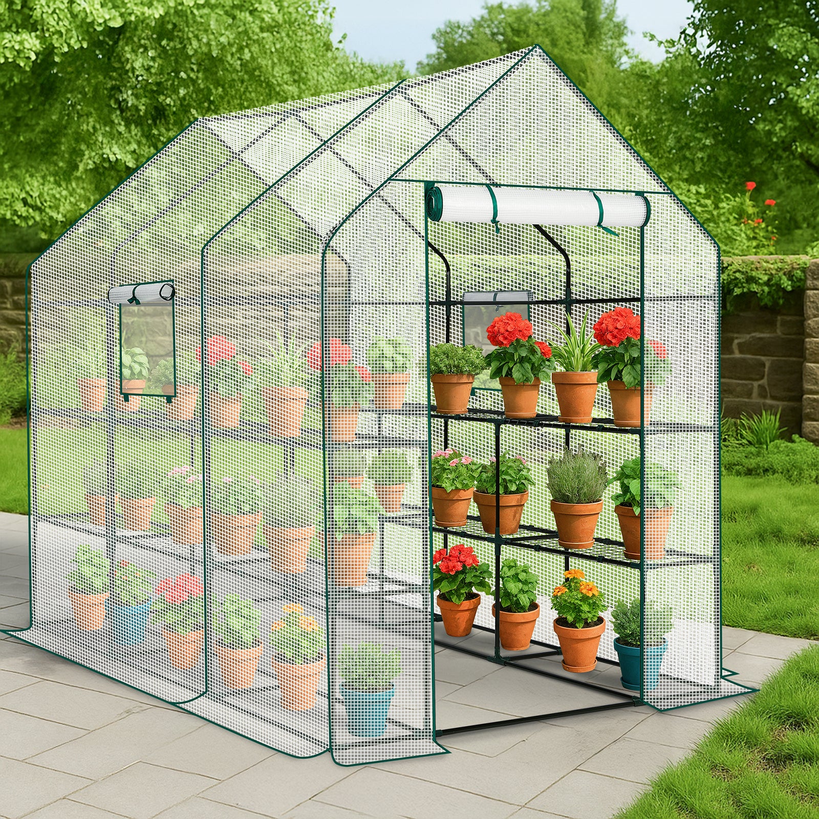 HAOYYE White Large Walk-in Greenhouse with Durable PE Cover and Roll-Up Door 12 Shelves Portable Plant Tent with Side Windows for Indoor Outdoor Gardening Patio Balcony Garden Backyard Use