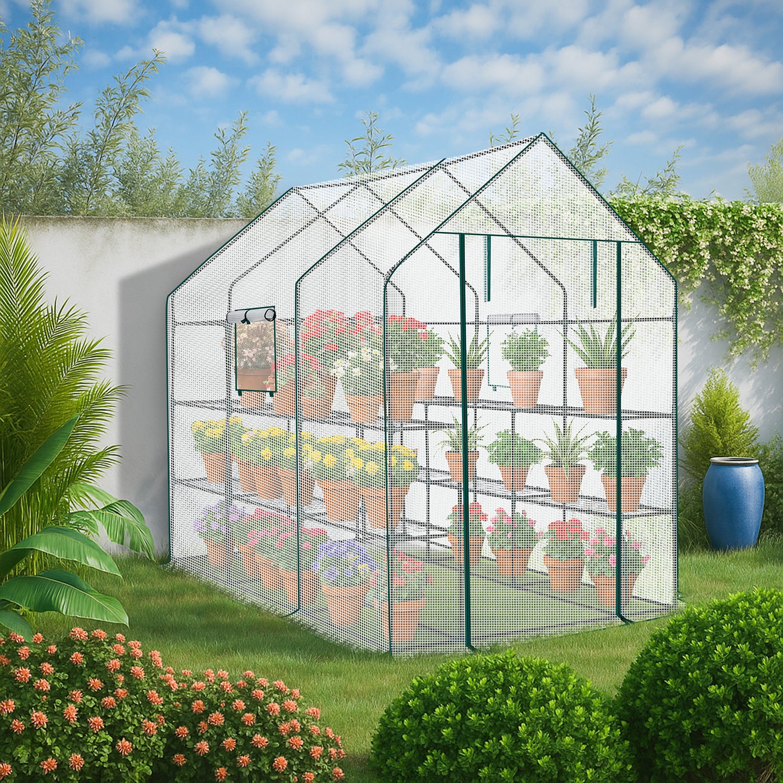 HAOYYE White Large Walk-in Greenhouse with Durable PE Cover and Roll-Up Door 12 Shelves Portable Plant Tent with Side Windows for Indoor Outdoor Gardening Patio Balcony Garden Backyard Use