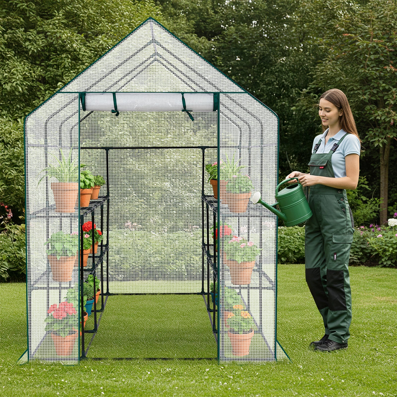 HAOYYE White Large Walk-in Greenhouse with Durable PE Cover and Roll-Up Door 12 Shelves Portable Plant Tent with Side Windows for Indoor Outdoor Gardening Patio Balcony Garden Backyard Use