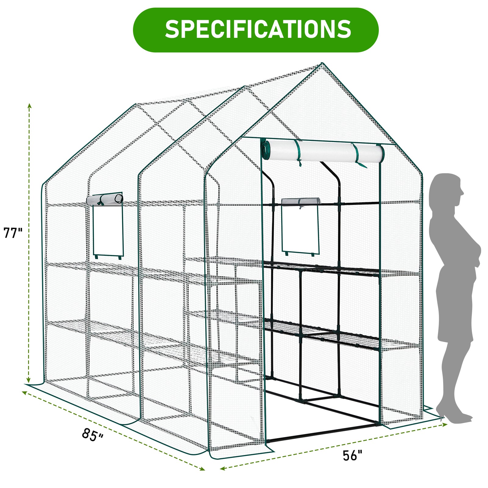 HAOYYE White Large Walk-in Greenhouse with Durable PE Cover and Roll-Up Door 12 Shelves Portable Plant Tent with Side Windows for Indoor Outdoor Gardening Patio Balcony Garden Backyard Use