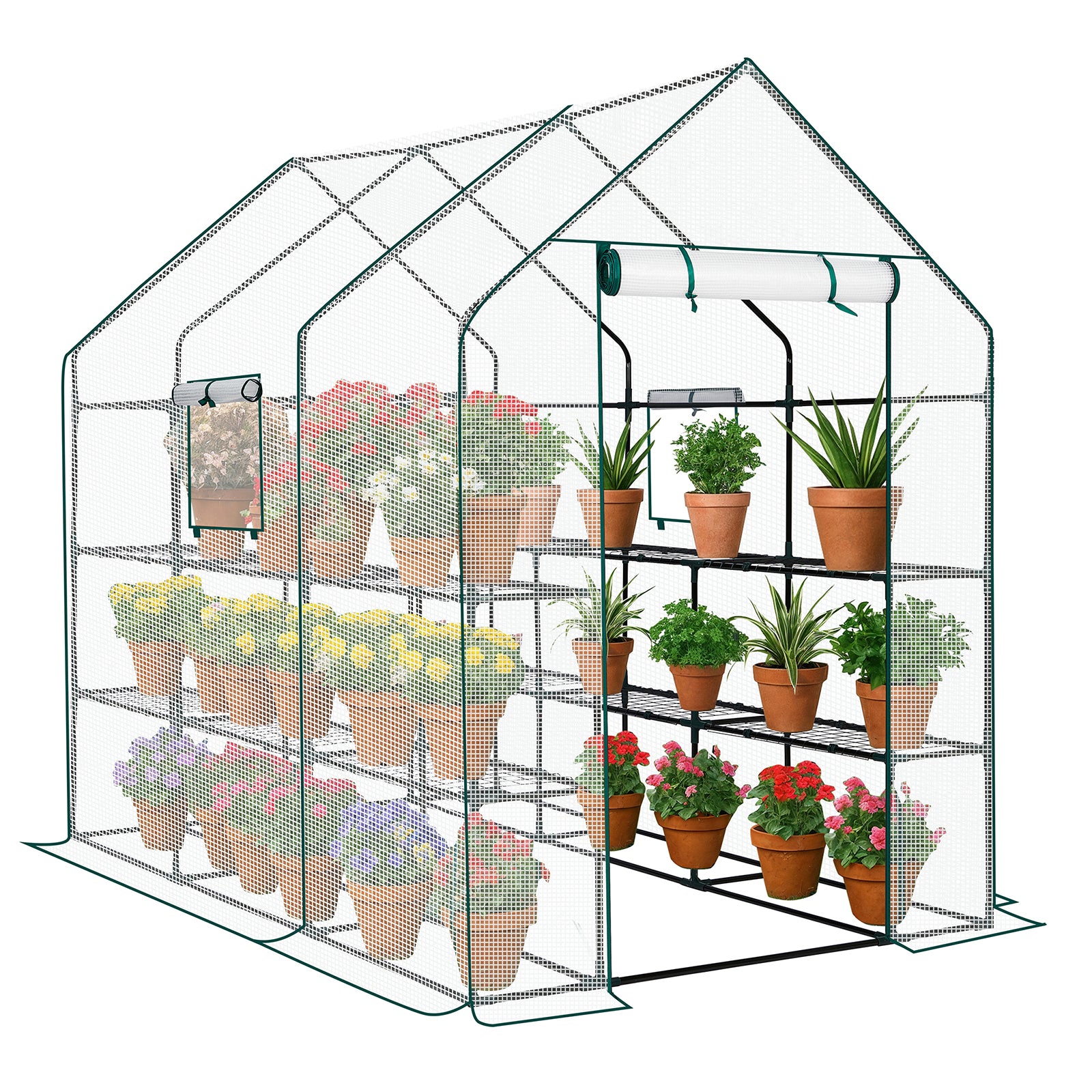 HAOYYE White Large Walk-in Greenhouse with Durable PE Cover and Roll-Up Door 12 Shelves Portable Plant Tent with Side Windows for Indoor Outdoor Gardening Patio Balcony Garden Backyard Use