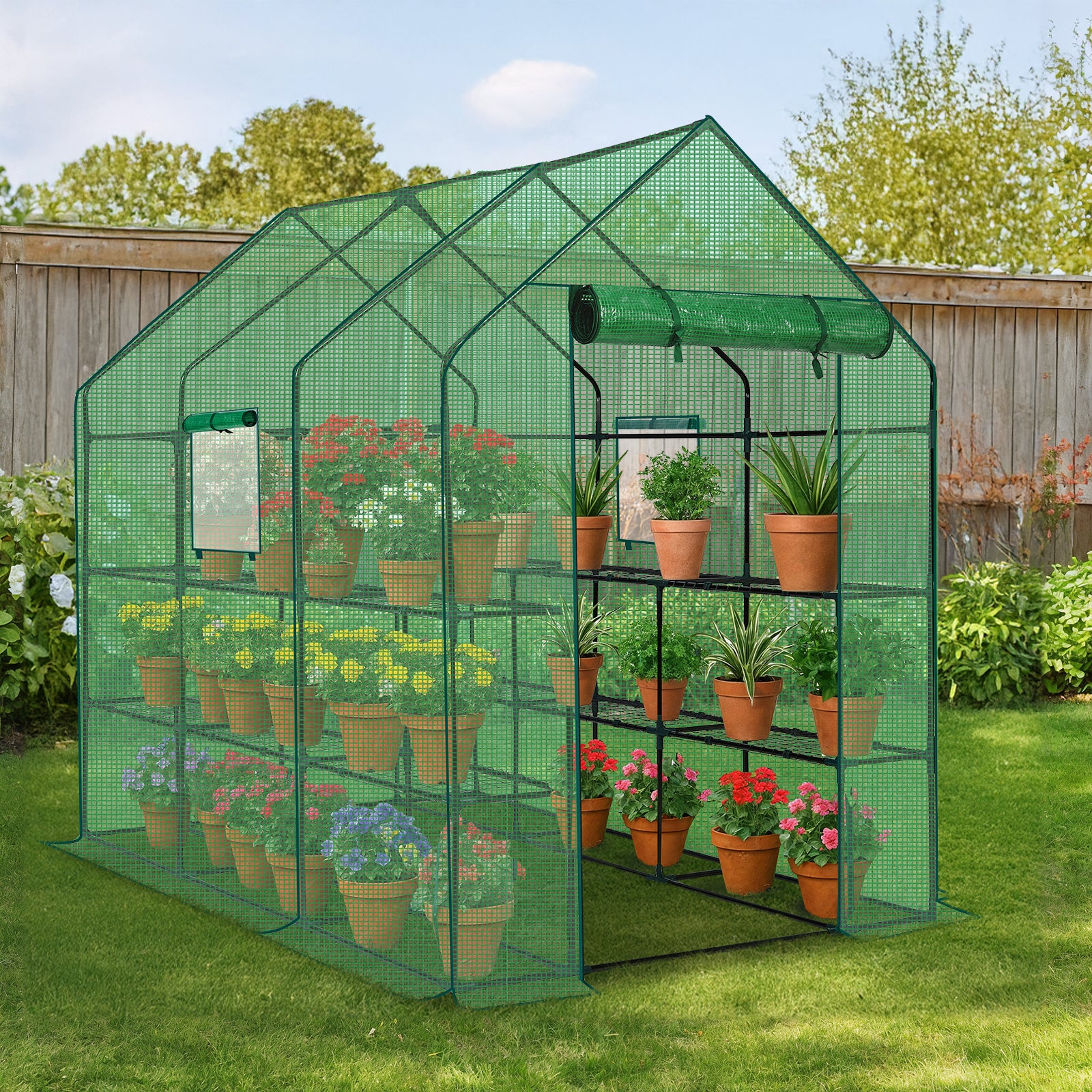 HAOYYE Green Large Walk-in Greenhouse with PE Cover and Side Windows Indoor Outdoor Portable Gardening Structure with 12 Shelves for Backyard Garden Patio Plants
