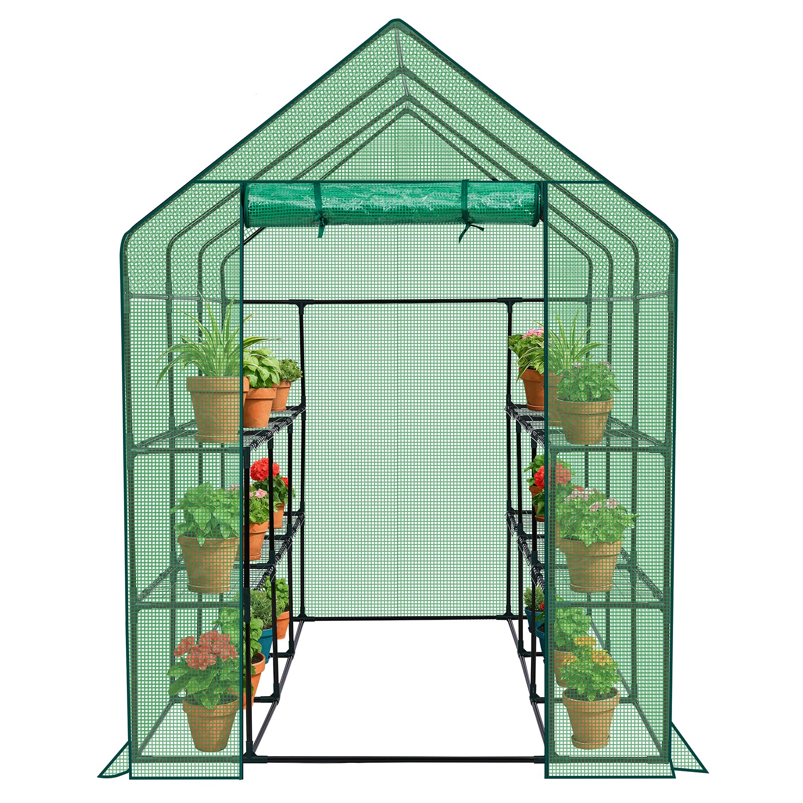 HAOYYE Green Large Walk-in Greenhouse with PE Cover and Side Windows Indoor Outdoor Portable Gardening Structure with 12 Shelves for Backyard Garden Patio Plants