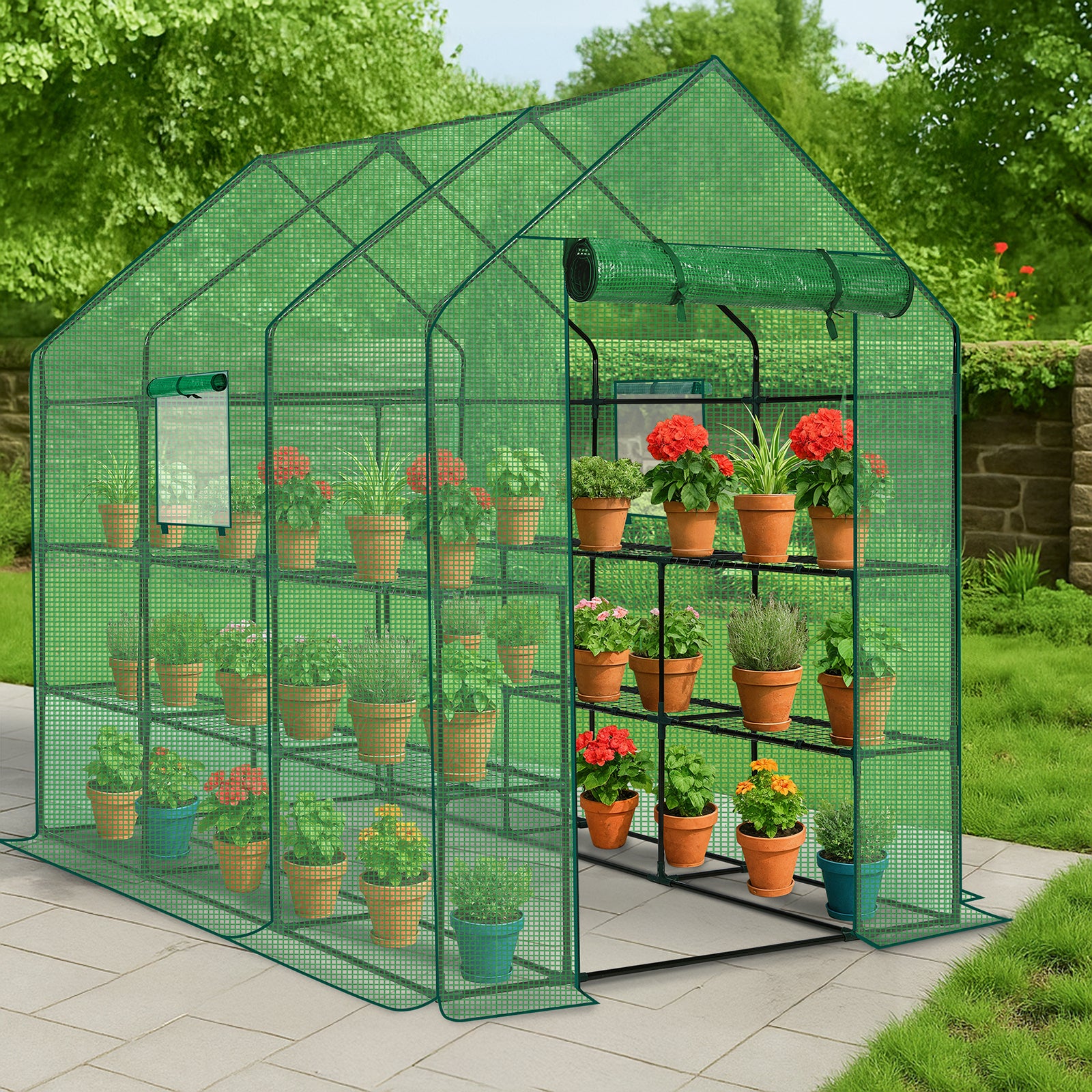 HAOYYE Green Large Walk-in Greenhouse with PE Cover and Side Windows Indoor Outdoor Portable Gardening Structure with 12 Shelves for Backyard Garden Patio Plants