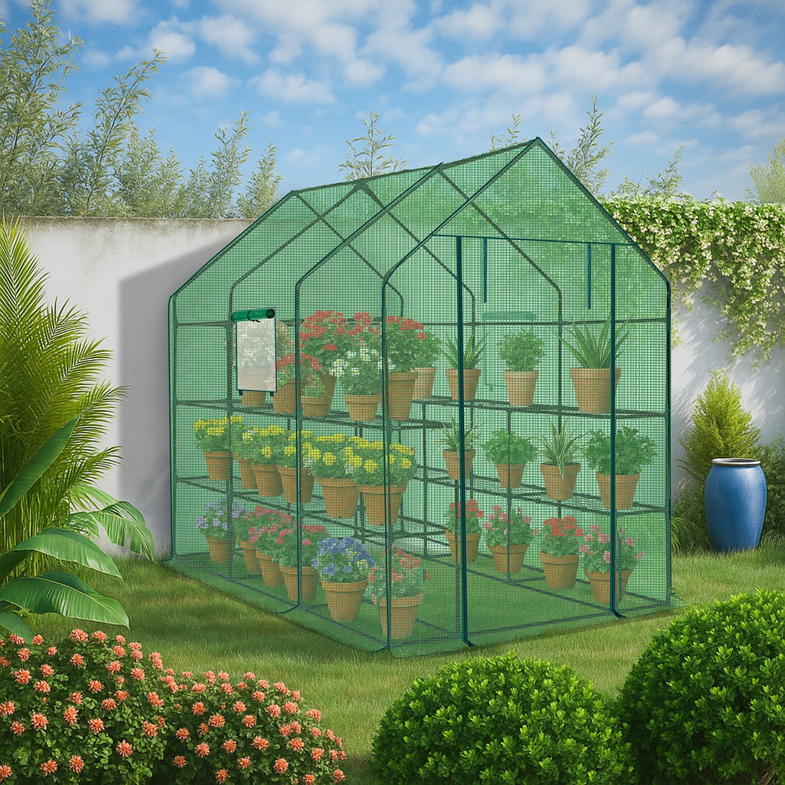HAOYYE Green Large Walk-in Greenhouse with PE Cover and Side Windows Indoor Outdoor Portable Gardening Structure with 12 Shelves for Backyard Garden Patio Plants