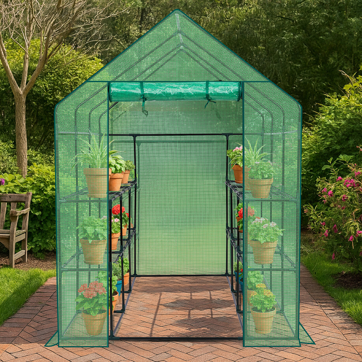 HAOYYE Green Large Walk-in Greenhouse with PE Cover and Side Windows Indoor Outdoor Portable Gardening Structure with 12 Shelves for Backyard Garden Patio Plants
