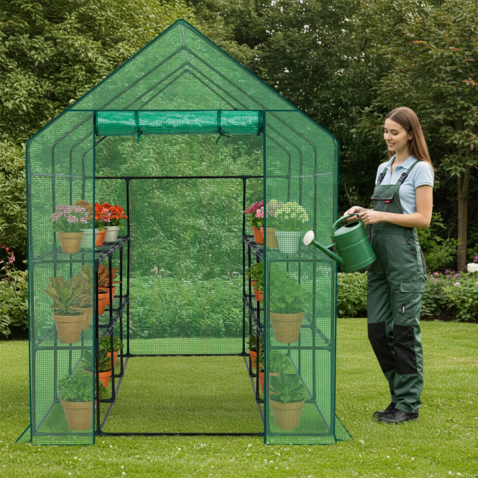 HAOYYE Green Large Walk-in Greenhouse with PE Cover and Side Windows Indoor Outdoor Portable Gardening Structure with 12 Shelves for Backyard Garden Patio Plants
