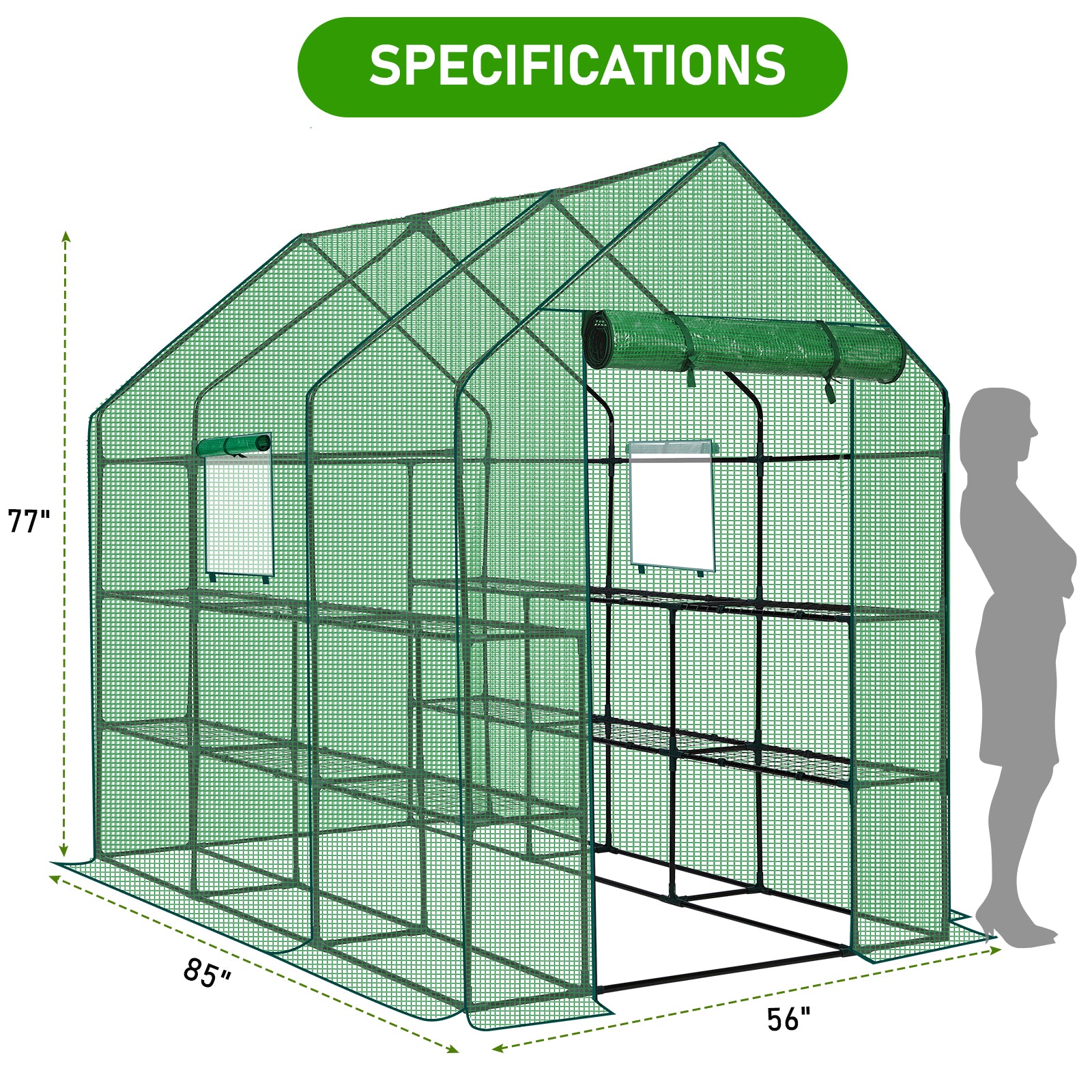 HAOYYE Green Large Walk-in Greenhouse with PE Cover and Side Windows Indoor Outdoor Portable Gardening Structure with 12 Shelves for Backyard Garden Patio Plants