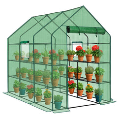 HAOYYE Green Large Walk-in Greenhouse with PE Cover and Side Windows Indoor Outdoor Portable Gardening Structure with 12 Shelves for Backyard Garden Patio Plants