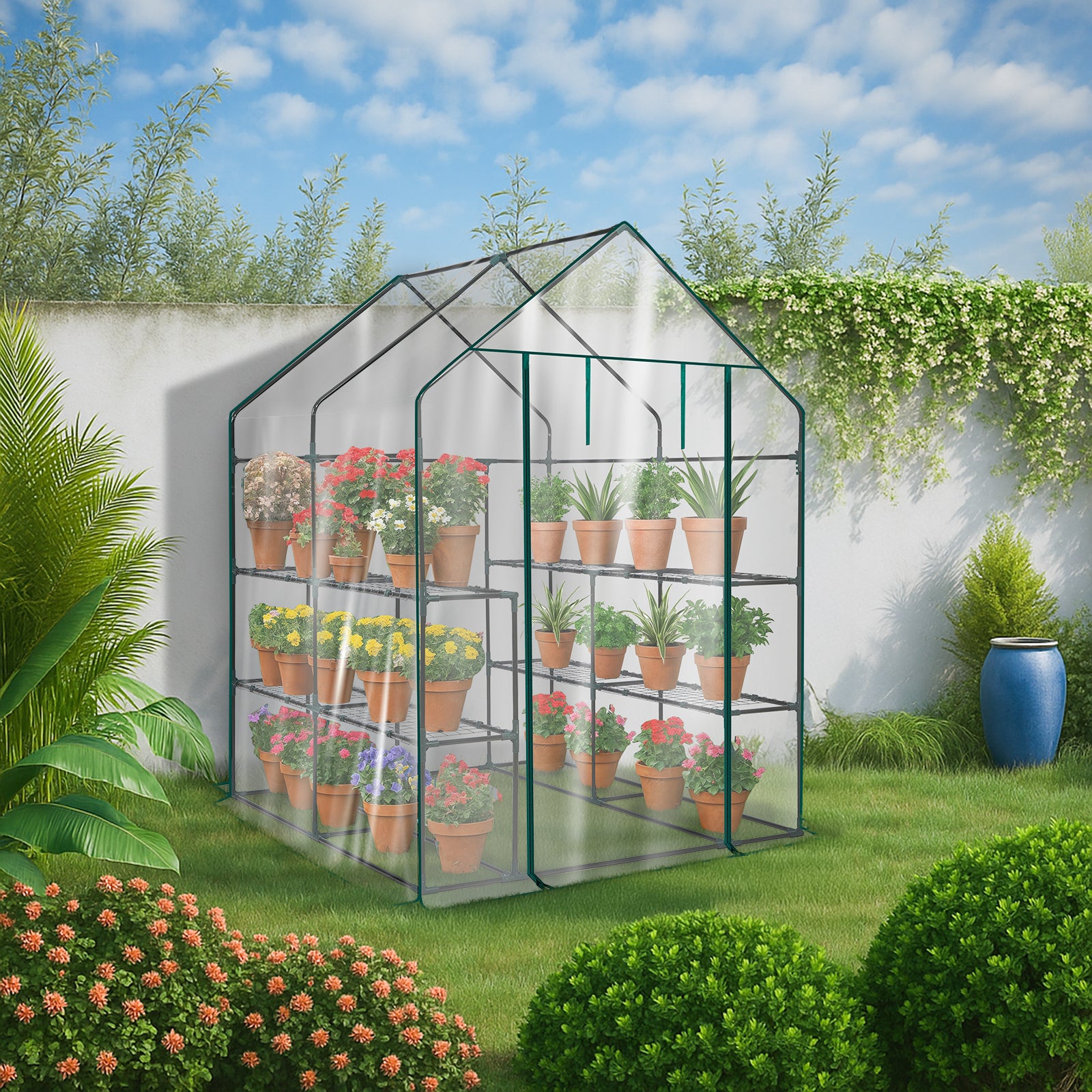 HAOYYE Transparent Mini Walk-in Greenhouse with PVC Cover 8-Shelf Portable Indoor Outdoor Plant Stand Gardening Greenhouse for Backyard Balcony Patio Garden Use