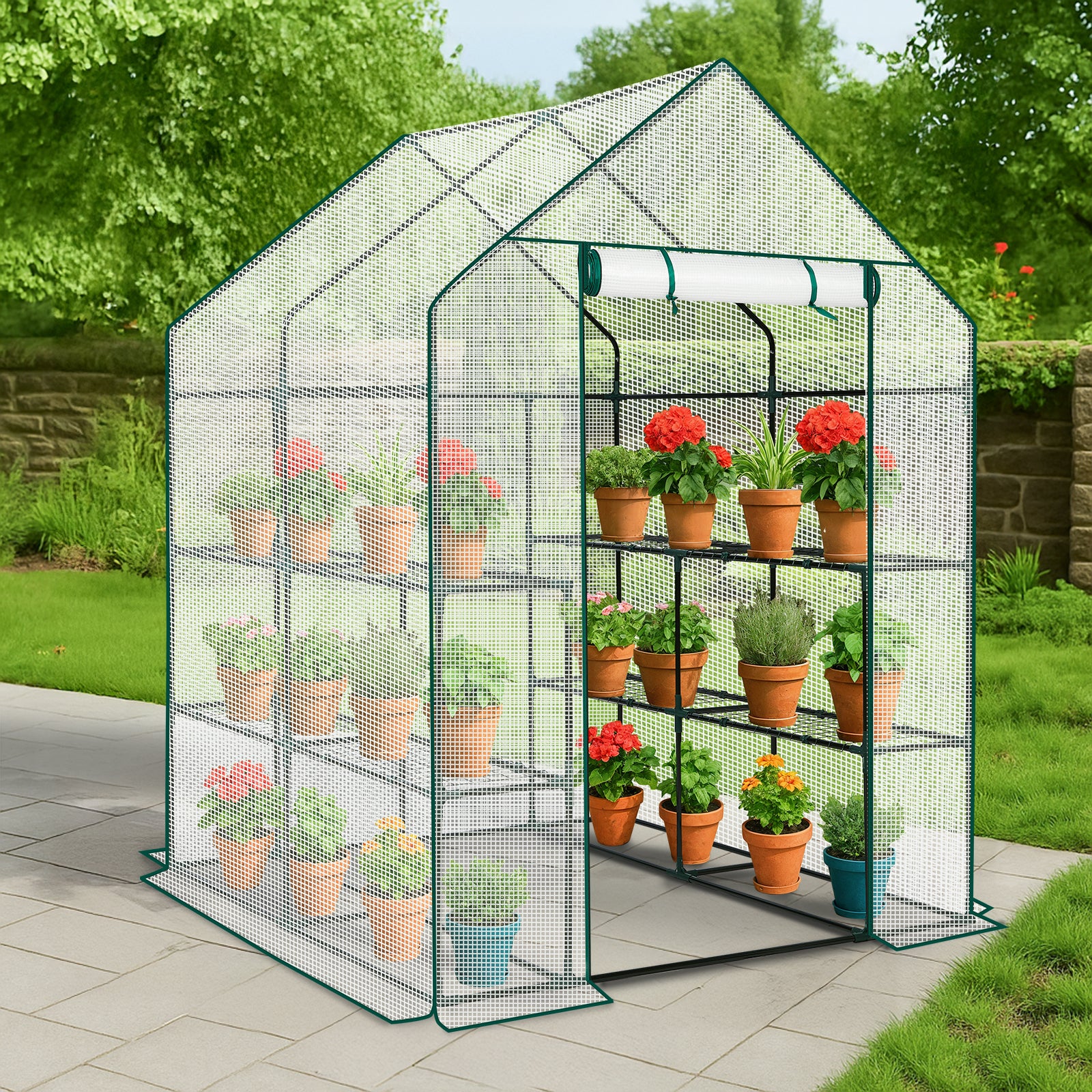 HAOYYE Mini Walk-in Greenhouse with PE Cover 8-Shelf Portable Plant Stand for Indoor Outdoor Gardening Weatherproof White Greenhouse for Backyard Balcony Patio or Deck