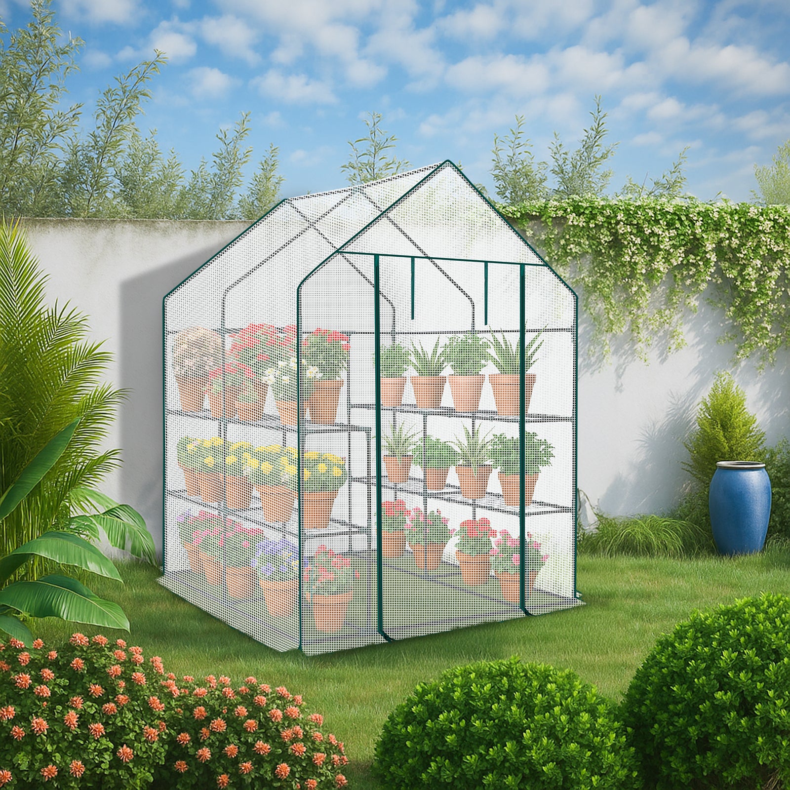 HAOYYE Mini Walk-in Greenhouse with PE Cover 8-Shelf Portable Plant Stand for Indoor Outdoor Gardening Weatherproof White Greenhouse for Backyard Balcony Patio or Deck