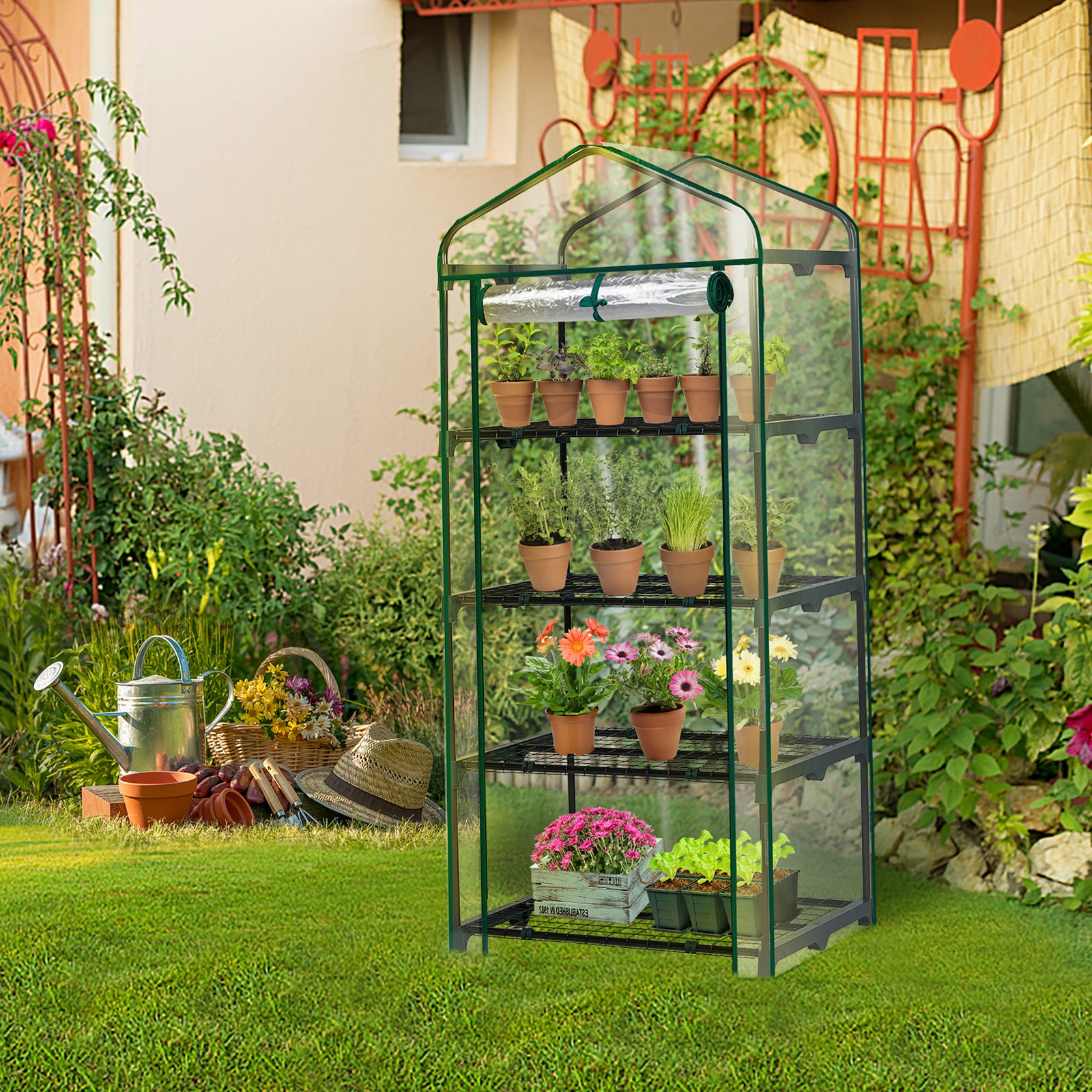 HAOYYE 4 Tier Mini Greenhouse with Transparent PVC Cover and Roll-Up Zipper Door, Portable Waterproof Plant Shelter for Indoor Outdoor Gardening, Patio Balcony or Backyard Use