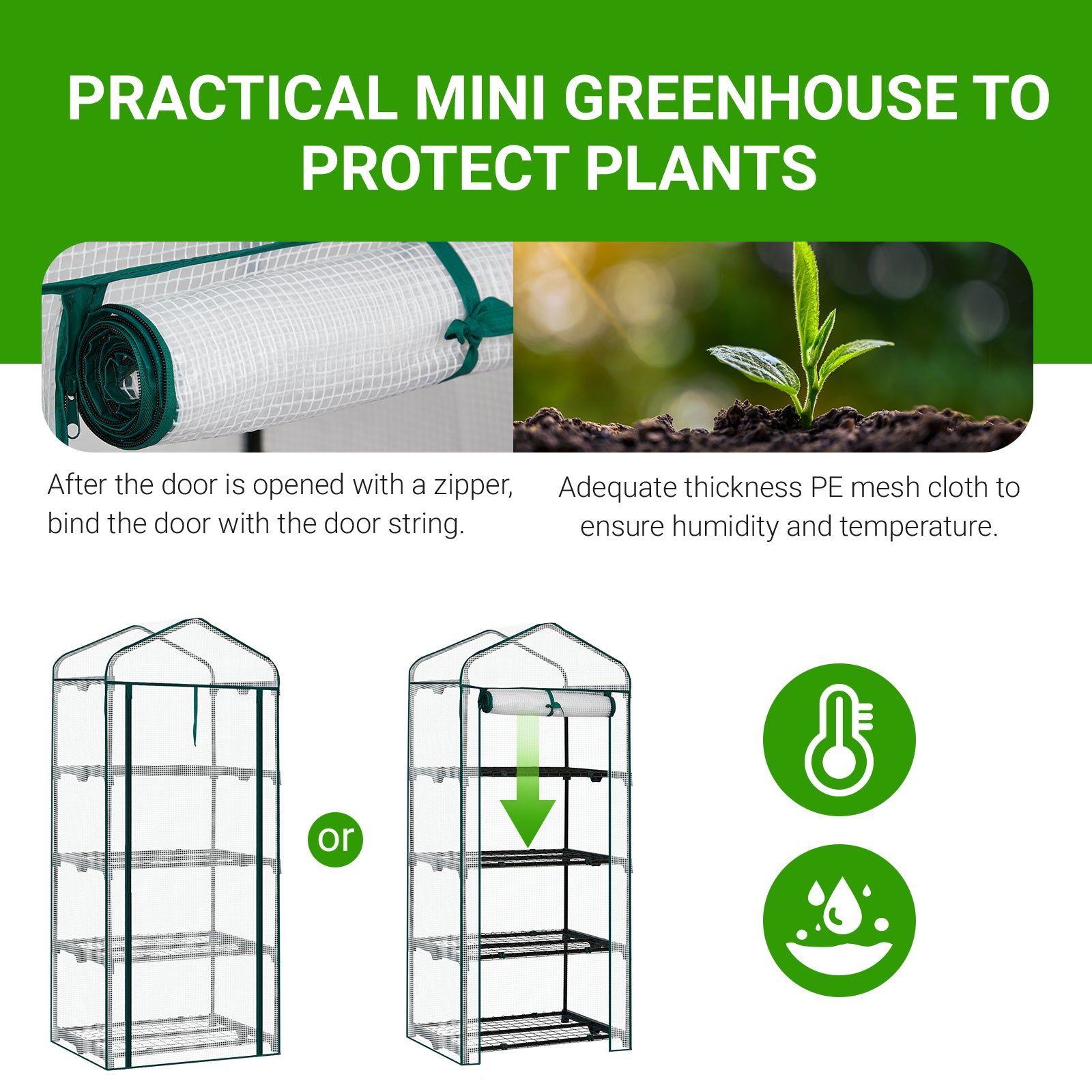 HAOYYE Portable 4 Tier Mini Greenhouse with Waterproof PE Cover and Roll-Up Zipper Door, White Outdoor Plant Stand for Garden Balcony Patio Backyard Indoor Growing and Seed Starting