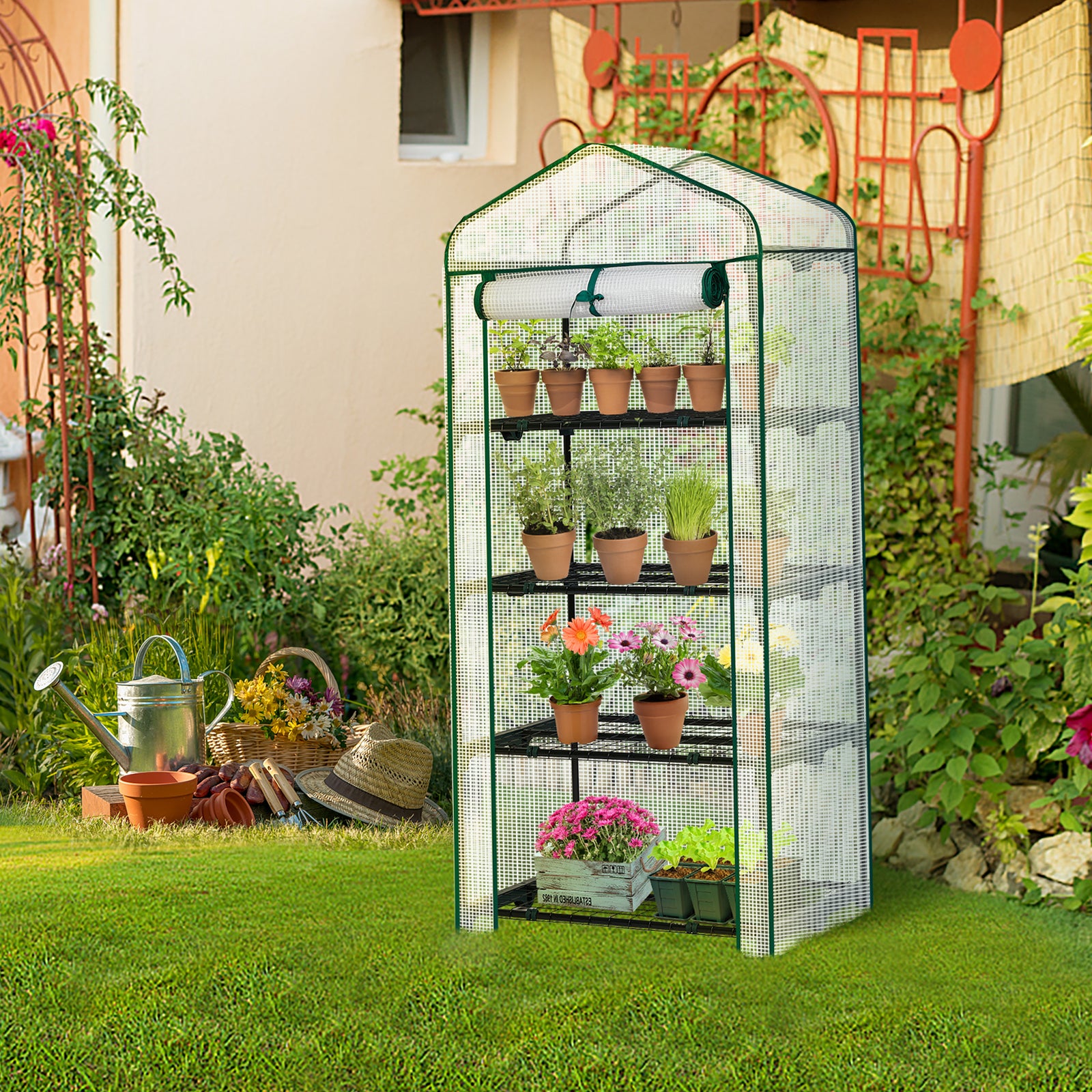 HAOYYE Portable 4 Tier Mini Greenhouse with Waterproof PE Cover and Roll-Up Zipper Door, White Outdoor Plant Stand for Garden Balcony Patio Backyard Indoor Growing and Seed Starting