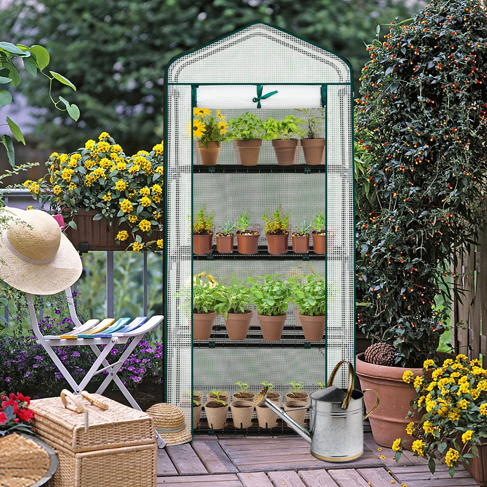 HAOYYE Portable 4 Tier Mini Greenhouse with Waterproof PE Cover and Roll-Up Zipper Door, White Outdoor Plant Stand for Garden Balcony Patio Backyard Indoor Growing and Seed Starting
