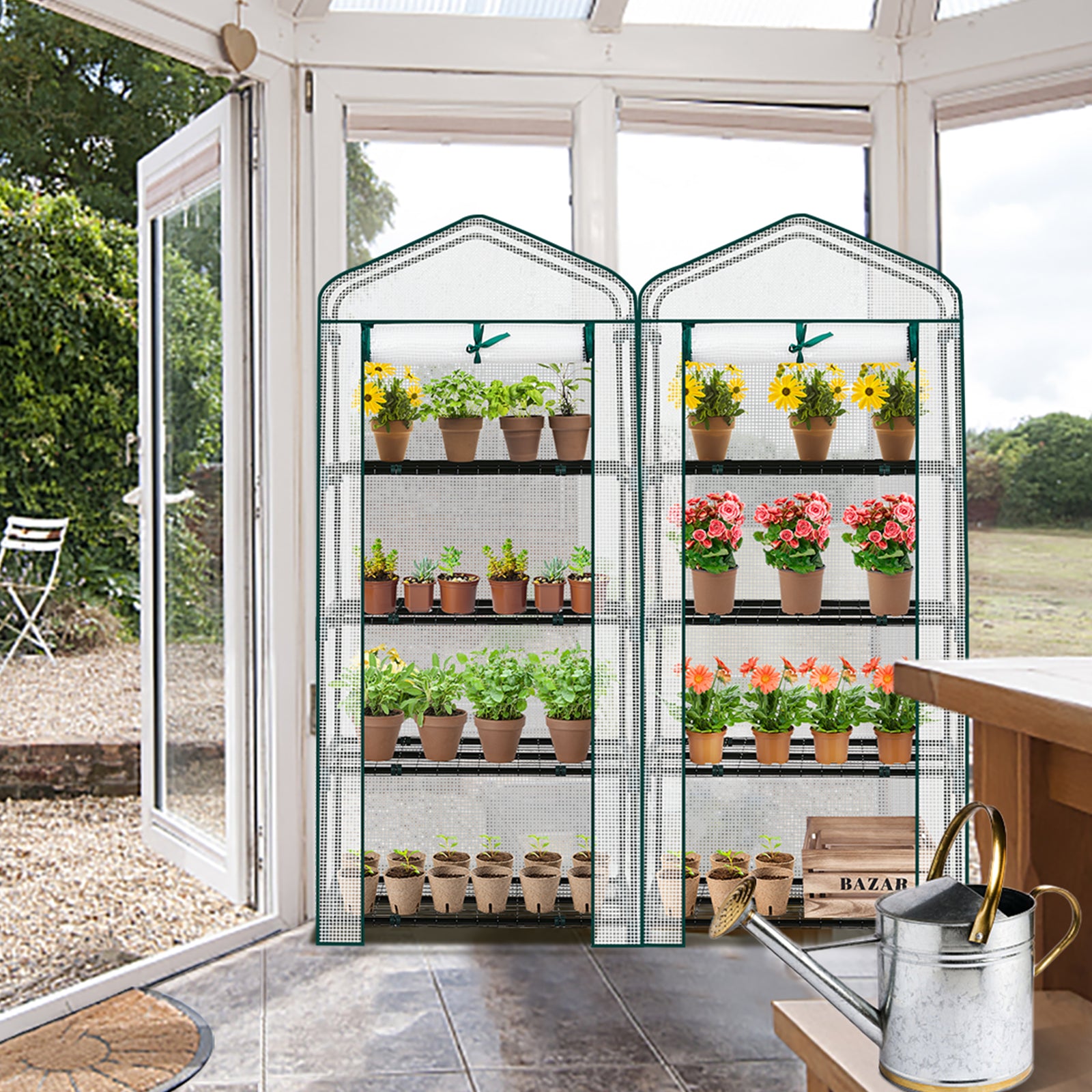 HAOYYE Portable 4 Tier Mini Greenhouse with Waterproof PE Cover and Roll-Up Zipper Door, White Outdoor Plant Stand for Garden Balcony Patio Backyard Indoor Growing and Seed Starting