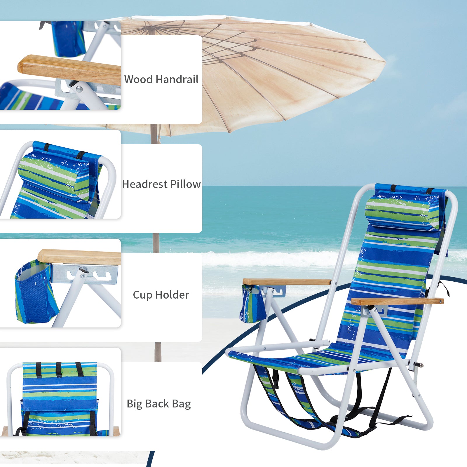 HAOYYE Blue and Green Striped Folding Beach Chair with 4-Position Recline, Portable Backpack Design, Wooden Armrests, Headrest and Cup Holder, Foldable Lightweight Chair for Outdoor Camping, Patio, or Beach Relaxing