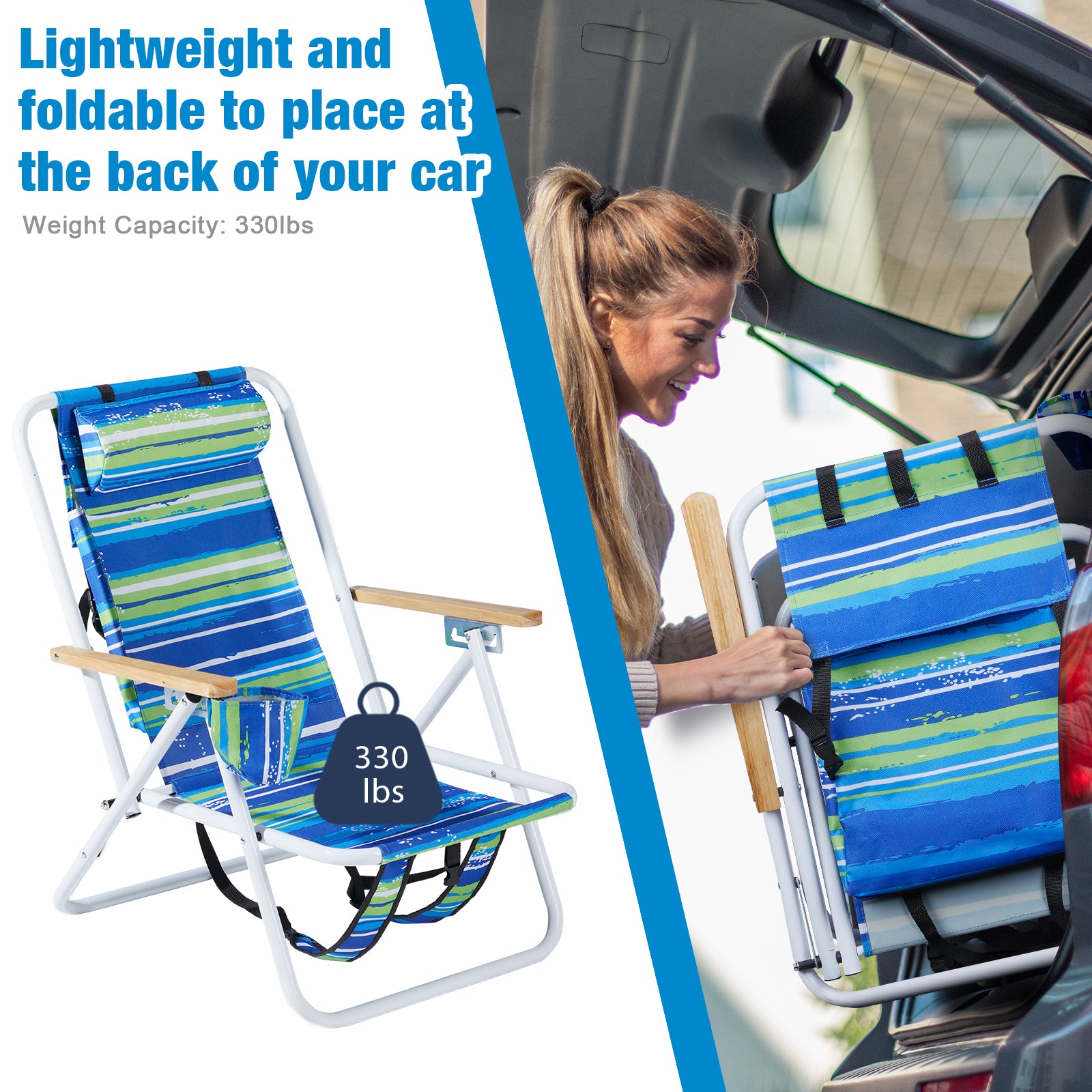 HAOYYE Blue and Green Striped Folding Beach Chair with 4-Position Recline, Portable Backpack Design, Wooden Armrests, Headrest and Cup Holder, Foldable Lightweight Chair for Outdoor Camping, Patio, or Beach Relaxing