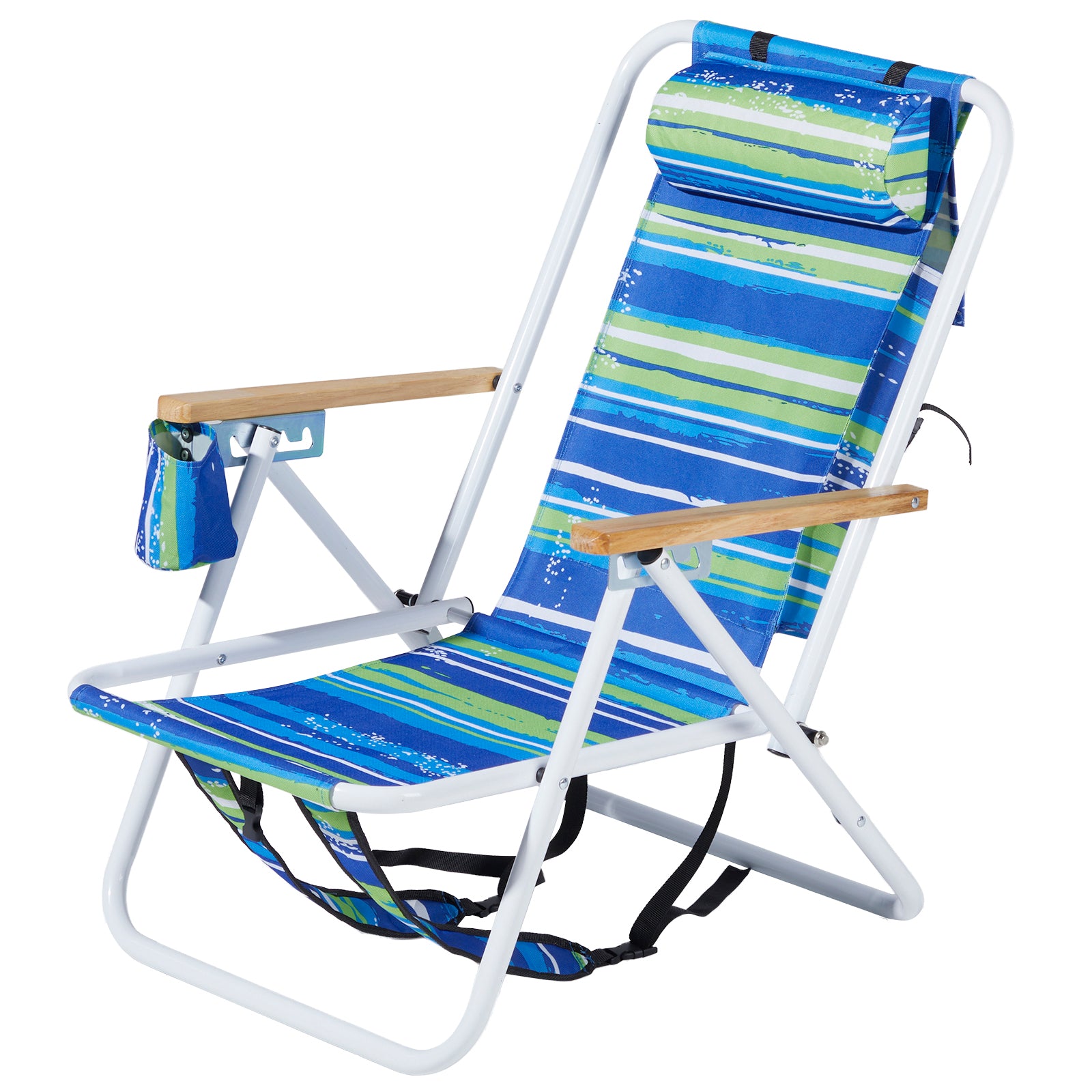 HAOYYE Blue and Green Striped Folding Beach Chair with 4-Position Recline, Portable Backpack Design, Wooden Armrests, Headrest and Cup Holder, Foldable Lightweight Chair for Outdoor Camping, Patio, or Beach Relaxing