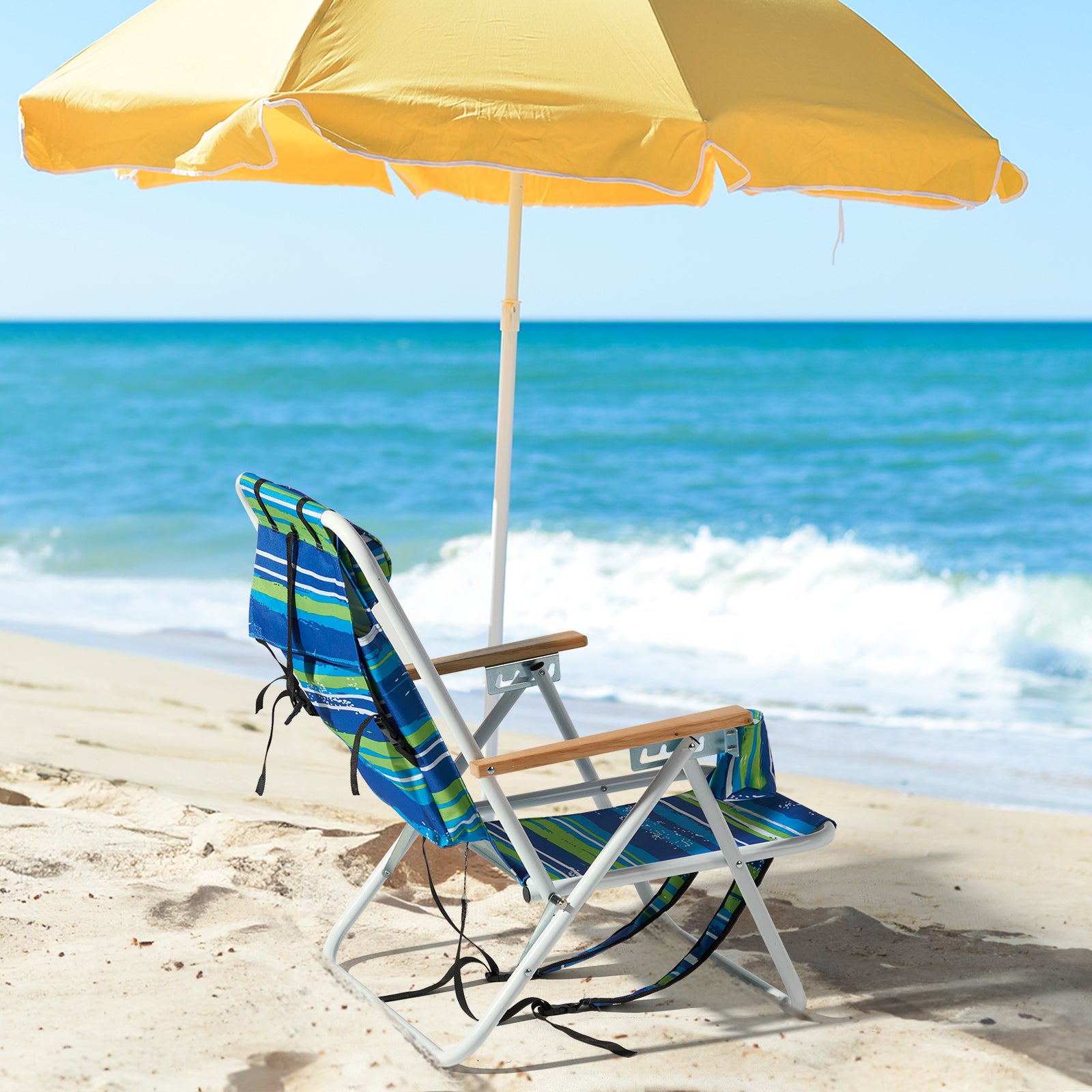 HAOYYE Blue and Green Striped Folding Beach Chair with 4-Position Recline, Portable Backpack Design, Wooden Armrests, Headrest and Cup Holder, Foldable Lightweight Chair for Outdoor Camping, Patio, or Beach Relaxing