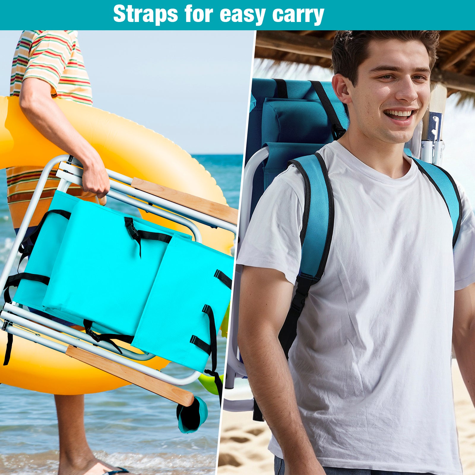 HAOYYE 2PCS Folding Beach Chair  with 4-Position Recline, Portable Backpack Design, Wooden Armrests, Headrest and Cup Holder, Foldable Lightweight Chairs for Outdoor Camping, Beach, or Patio Relaxing