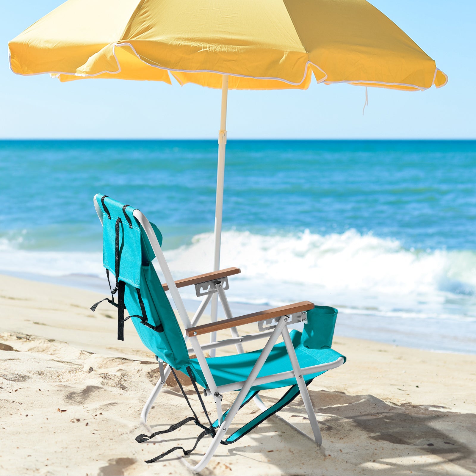 HAOYYE 2PCS Folding Beach Chair  with 4-Position Recline, Portable Backpack Design, Wooden Armrests, Headrest and Cup Holder, Foldable Lightweight Chairs for Outdoor Camping, Beach, or Patio Relaxing