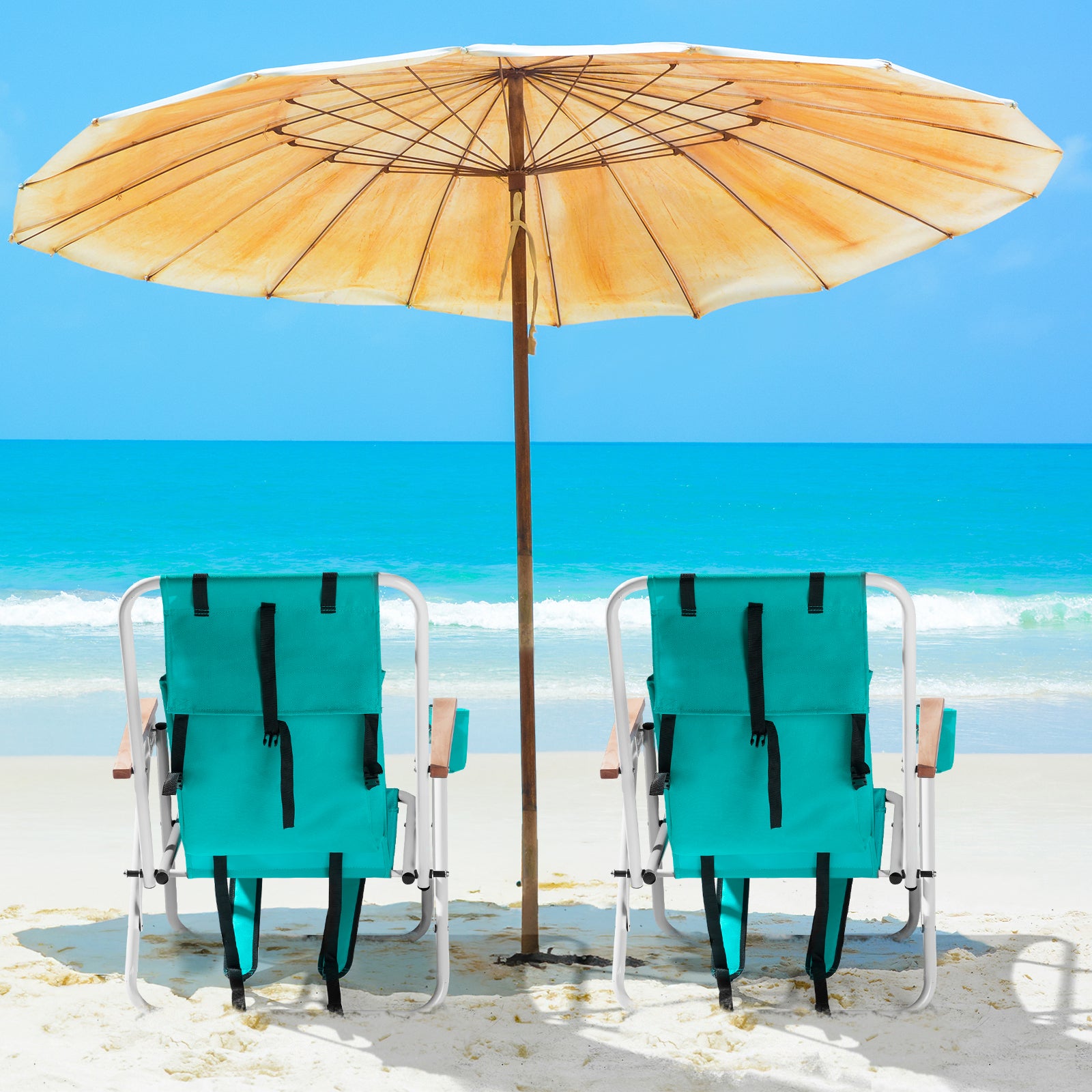 HAOYYE 2PCS Folding Beach Chair  with 4-Position Recline, Portable Backpack Design, Wooden Armrests, Headrest and Cup Holder, Foldable Lightweight Chairs for Outdoor Camping, Beach, or Patio Relaxing