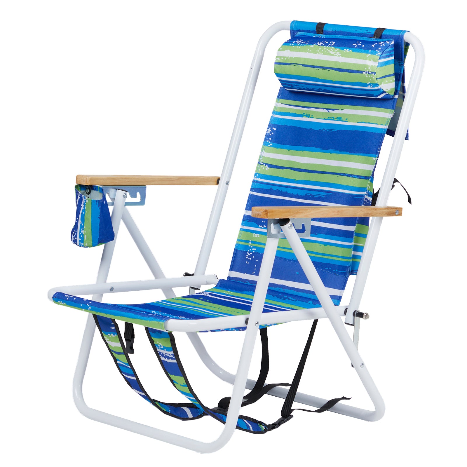 HAOYYE 2PCS Folding Beach Chair for Adults with 4 Position Adjustable Recline, Portable Backpack Design, Wooden Armrests, Headrest and Cup Holder, Blue and Green Striped Chairs for Camping and Outdoor