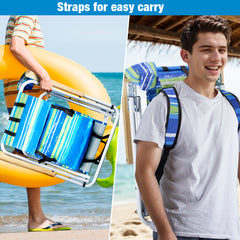HAOYYE 2PCS Folding Beach Chair for Adults with 4 Position Adjustable Recline, Portable Backpack Design, Wooden Armrests, Headrest and Cup Holder, Blue and Green Striped Chairs for Camping and Outdoor