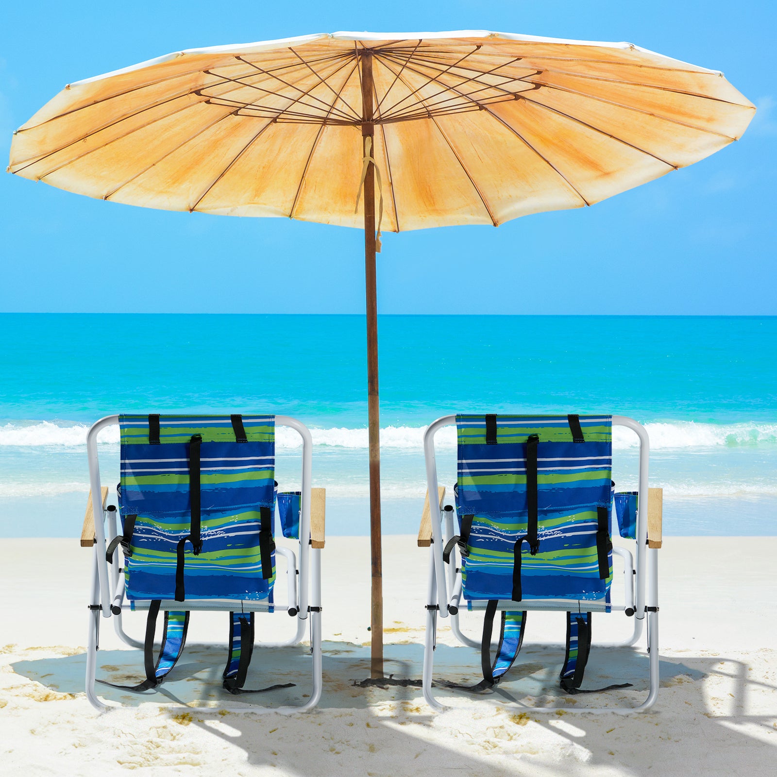 HAOYYE 2PCS Folding Beach Chair for Adults with 4 Position Adjustable Recline, Portable Backpack Design, Wooden Armrests, Headrest and Cup Holder, Blue and Green Striped Chairs for Camping and Outdoor
