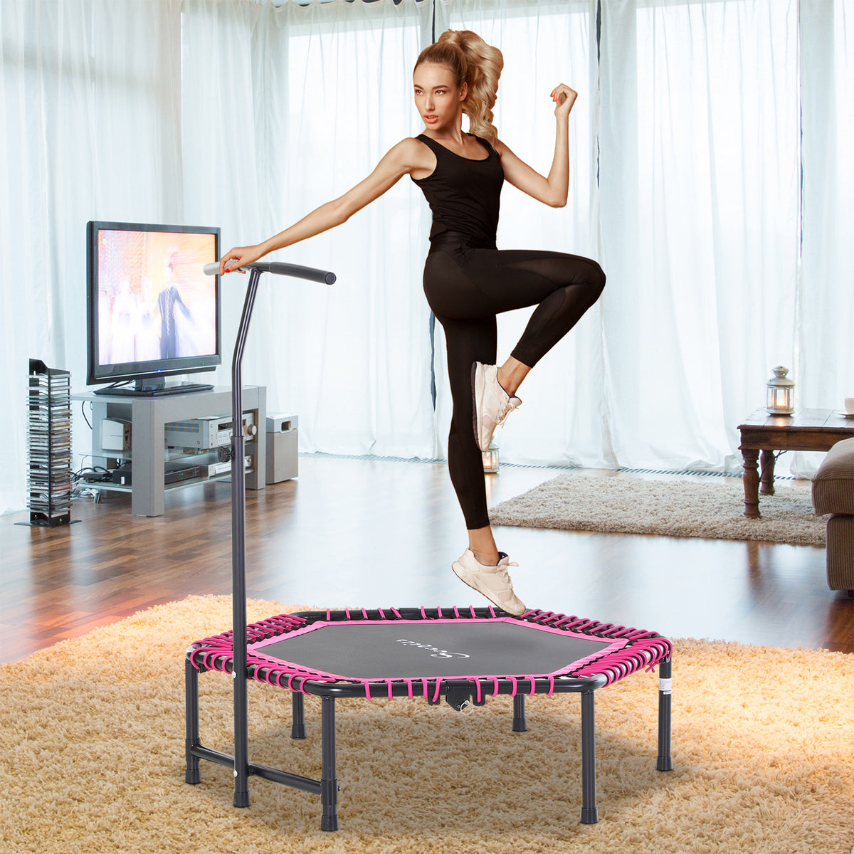 HAOYYE Exercise Trampoline Sturdy Steel Frame with Adjustable Handlebar Foldable Fitness Rebounder for Home Gym Indoor Outdoor Cardio Workouts and Strength Training