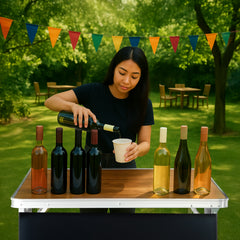 HAOYYE White Portable Folding Bar Table with Brown Wood Tone Shelf Black Skirt and Carrying Bag for Indoor Outdoor Use Party Picnic Trade Show Event Display Booth Exhibition Stand