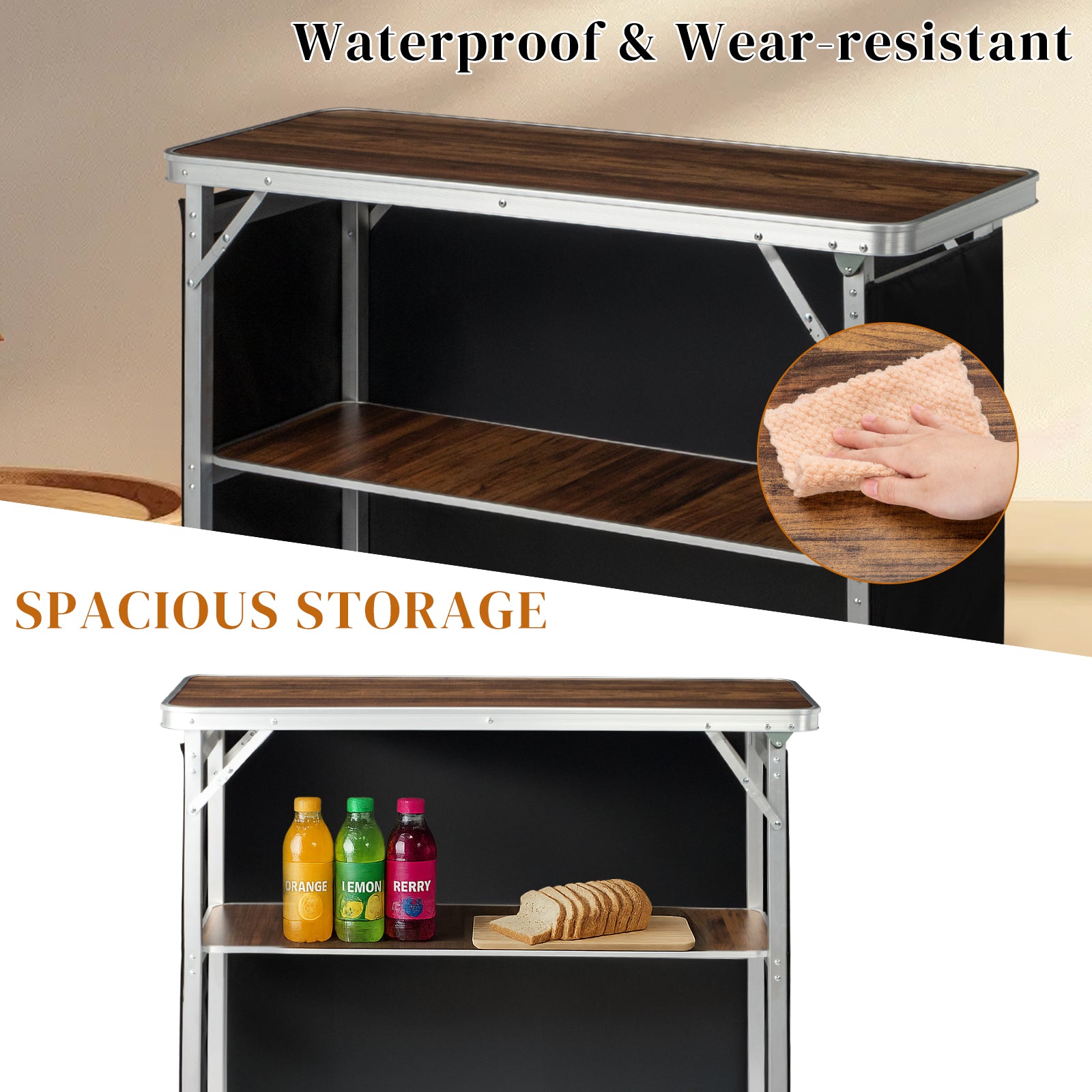 HAOYYE White Portable Folding Bar Table with Brown Wood Tone Shelf Black Skirt and Carrying Bag for Indoor Outdoor Use Party Picnic Trade Show Event Display Booth Exhibition Stand