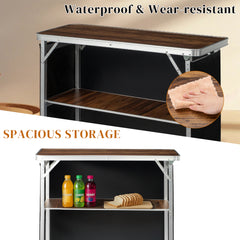 HAOYYE White Portable Folding Bar Table with Brown Wood Tone Shelf Black Skirt and Carrying Bag for Indoor Outdoor Use Party Picnic Trade Show Event Display Booth Exhibition Stand