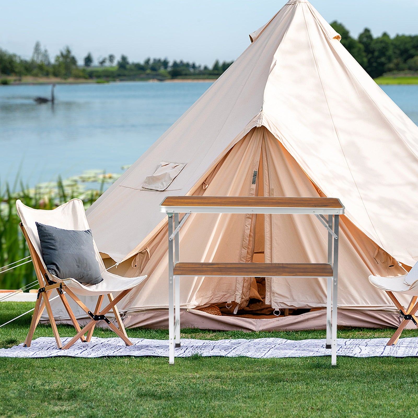 HAOYYE White Portable Folding Bar Table with Brown Wood Tone Shelf Black Skirt and Carrying Bag for Indoor Outdoor Use Party Picnic Trade Show Event Display Booth Exhibition Stand