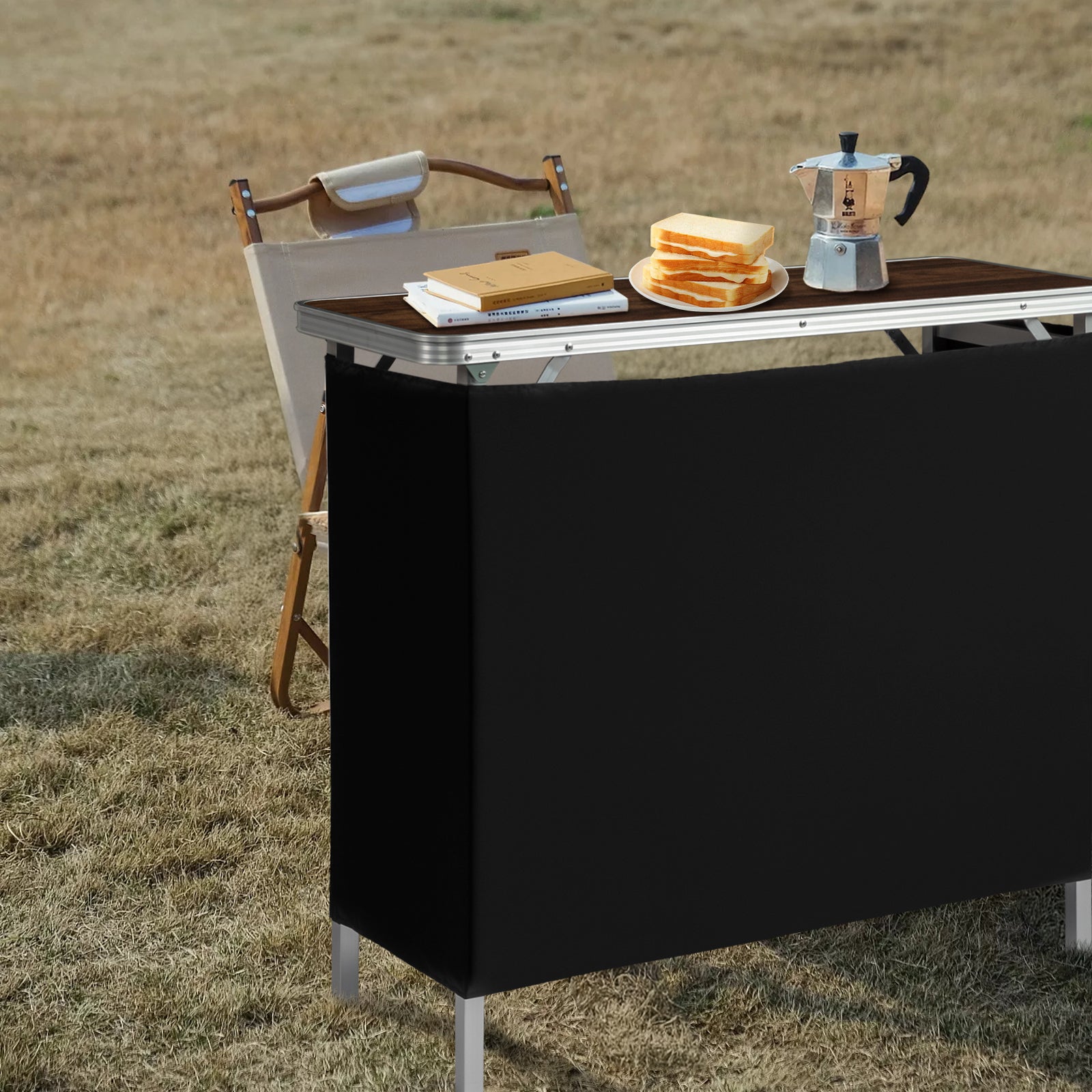 HAOYYE White Portable Folding Bar Table with Brown Wood Tone Shelf Black Skirt and Carrying Bag for Indoor Outdoor Use Party Picnic Trade Show Event Display Booth Exhibition Stand
