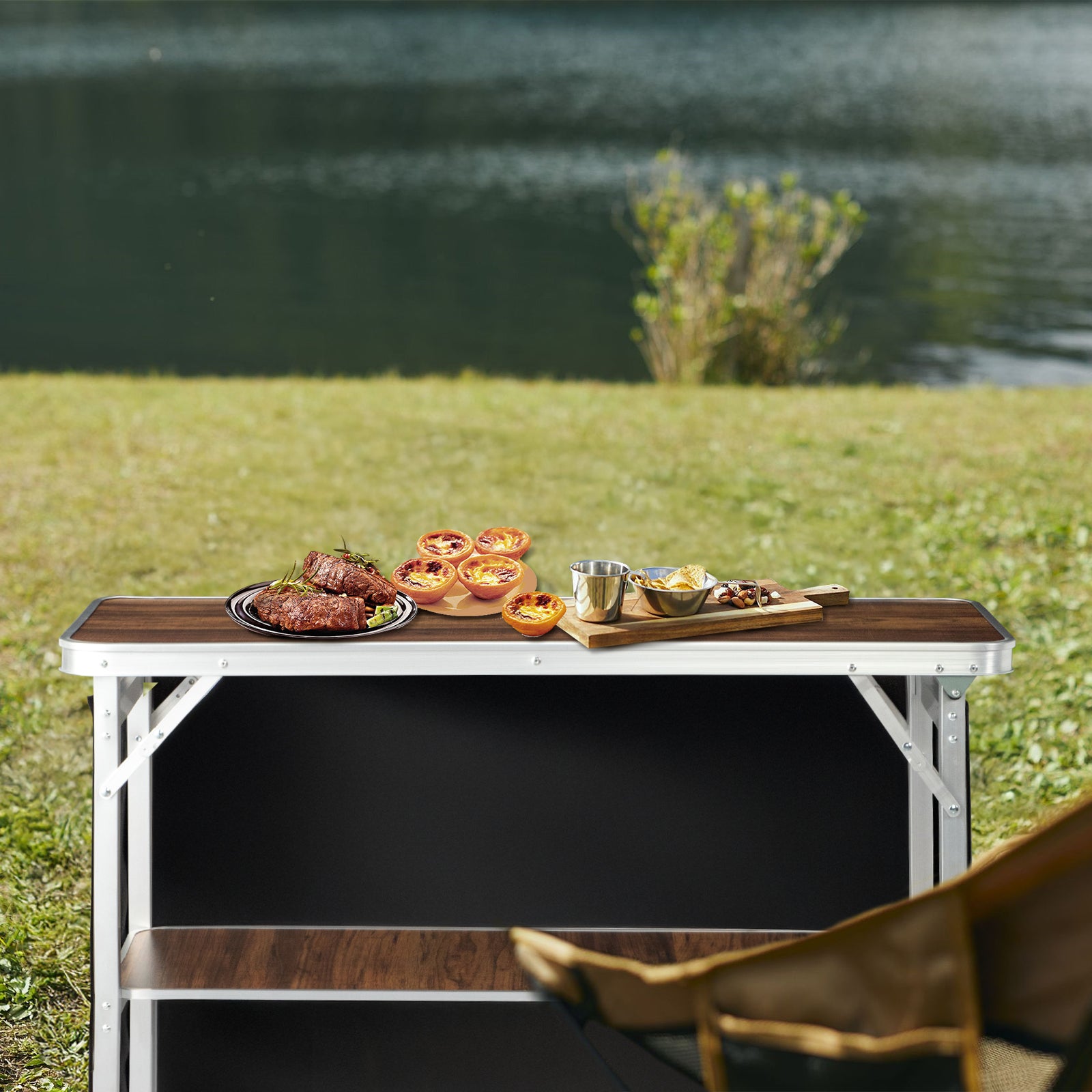 HAOYYE White Portable Folding Bar Table with Brown Wood Tone Shelf Black Skirt and Carrying Bag for Indoor Outdoor Use Party Picnic Trade Show Event Display Booth Exhibition Stand